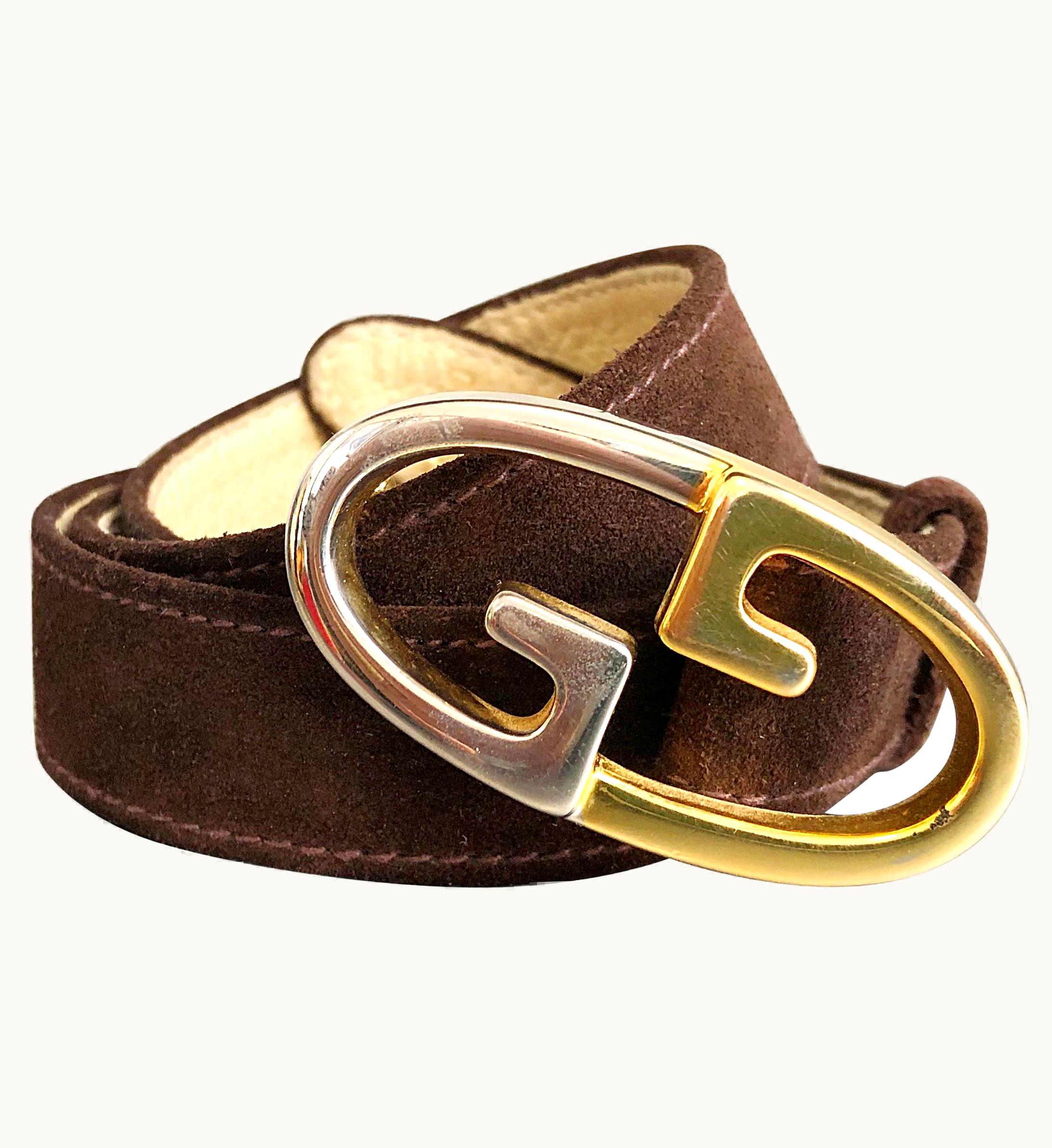 Gucci 1970s Brown Suede Gold S/S Silver Two Tone Logo Vintage 70s Thin Belt