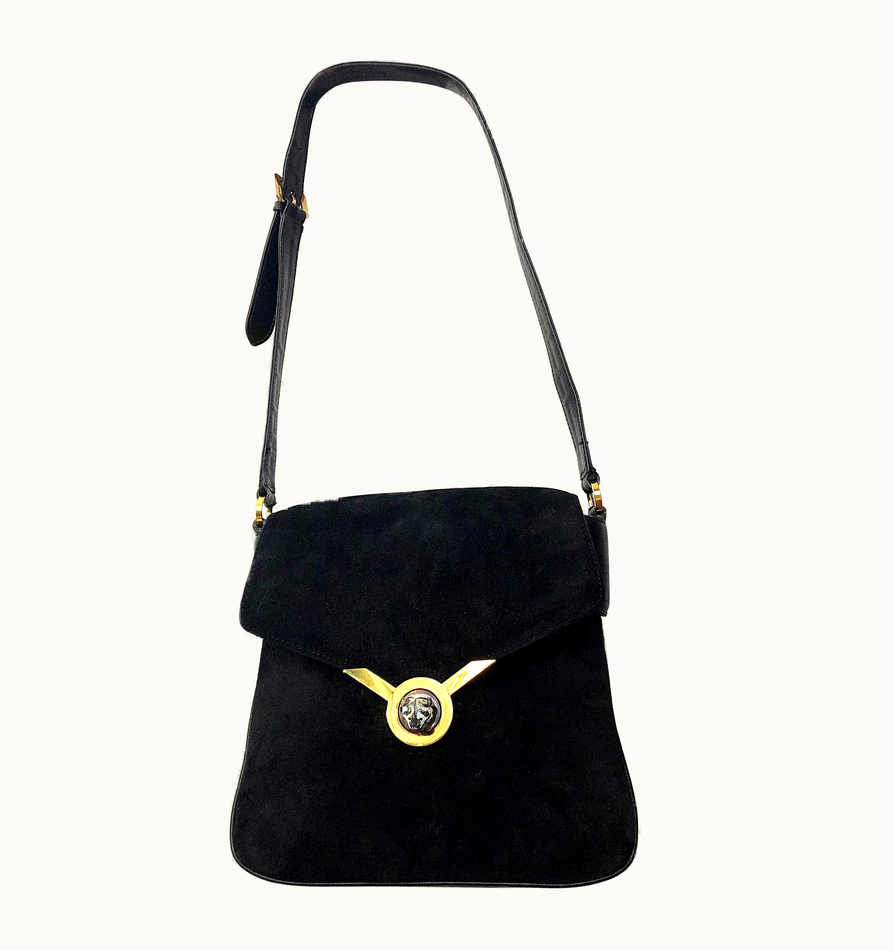 Gucci 1970s Gucci Black Suede Tiger Clasp Large Vintage 70s Handbag Purse Shoudler Bag