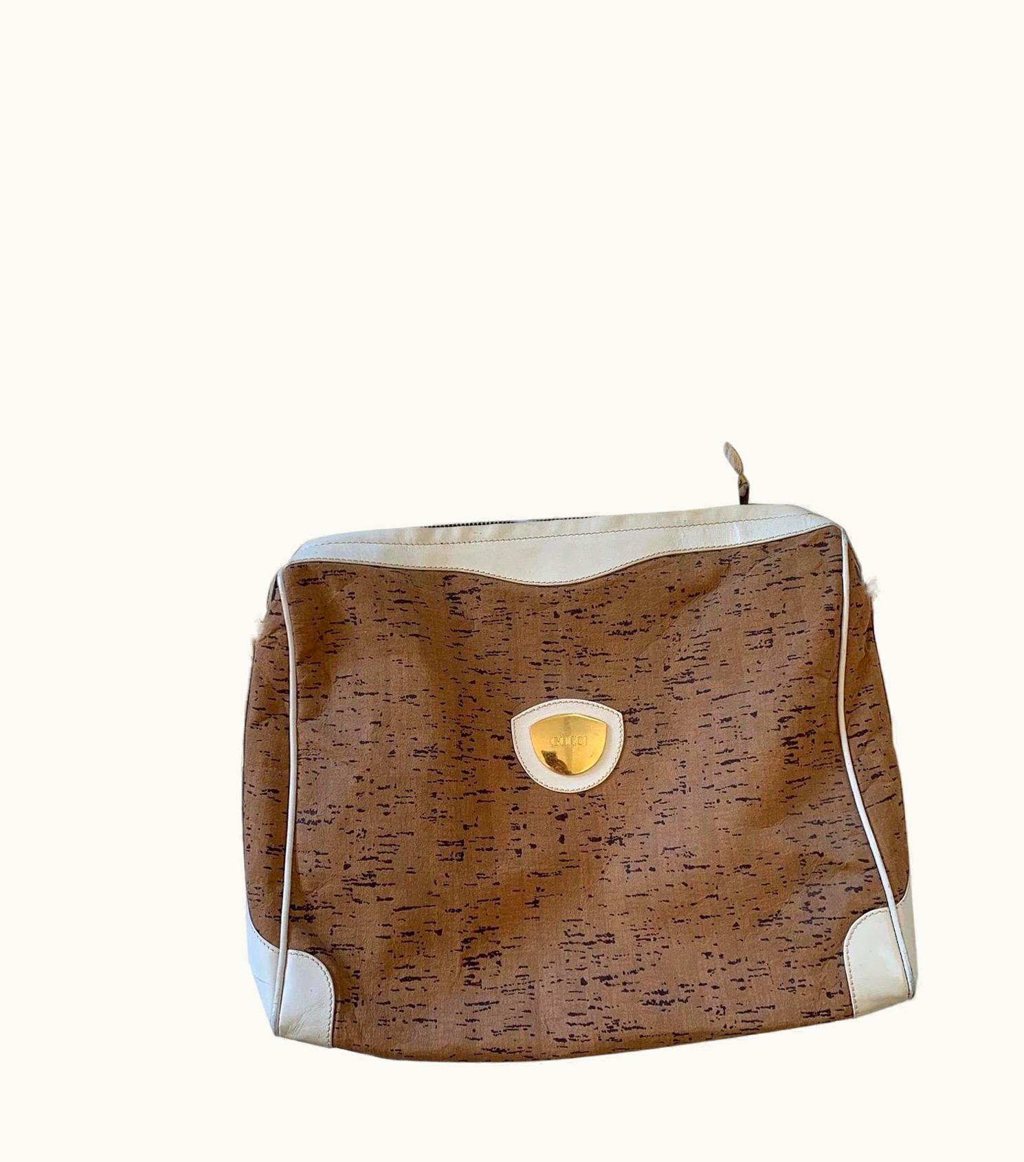 Gucci Vintage 70' Gucci Gg White Cream Beige Brown Wood Weekender Supreme Tote Bag