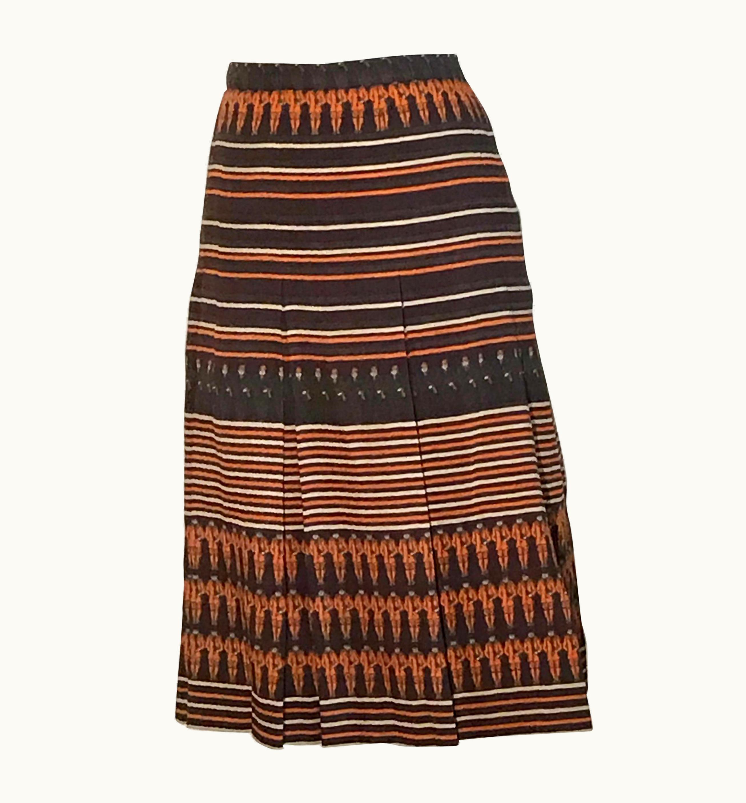 Gucci Vintage Equestrian Rider Brown Orange Cream Stripe Print Pleat Skirt 1970