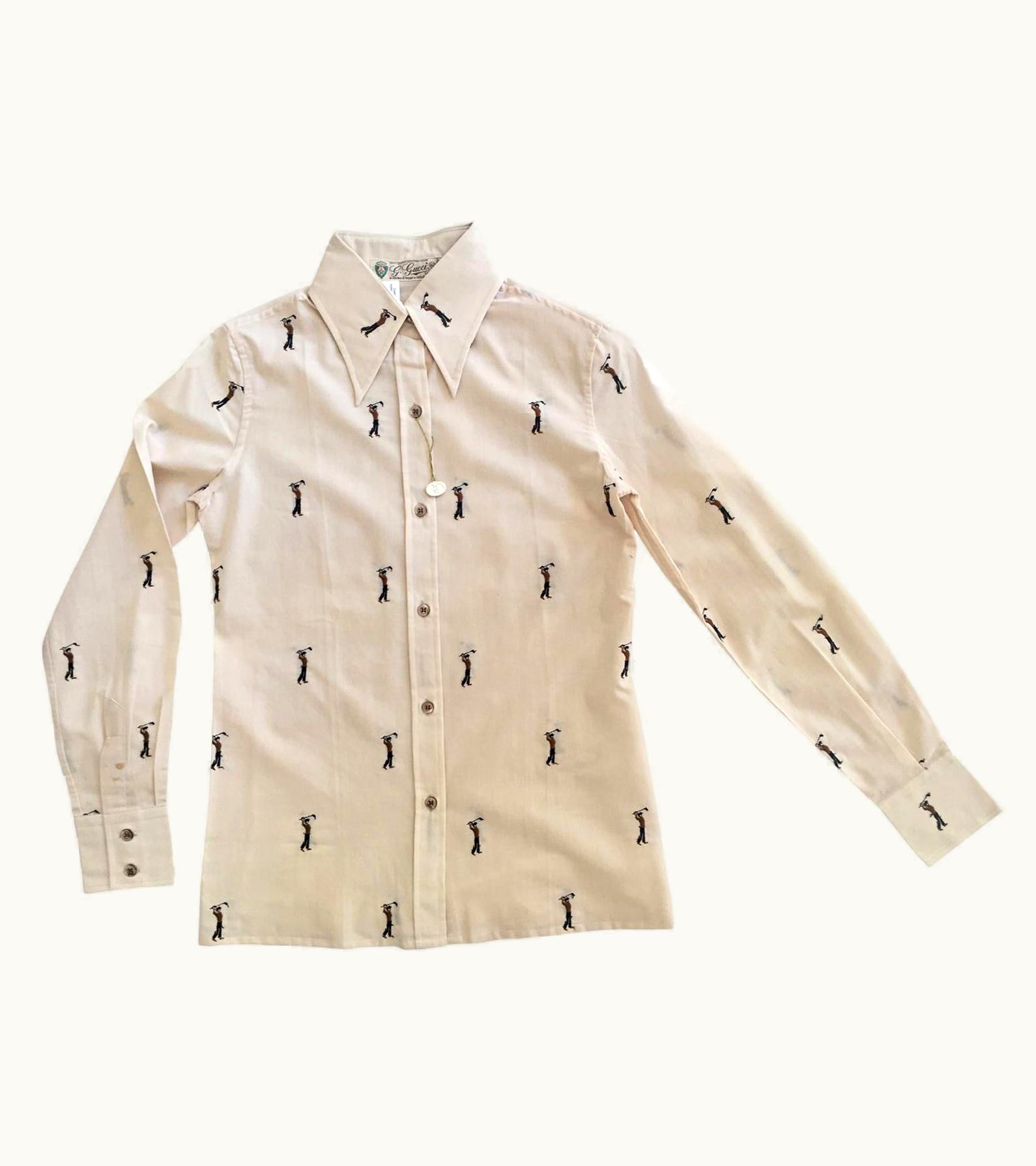 Gucci Vintage Shirt Blouse Light Beige Golf Embroidery Circa 1970s Nwt
