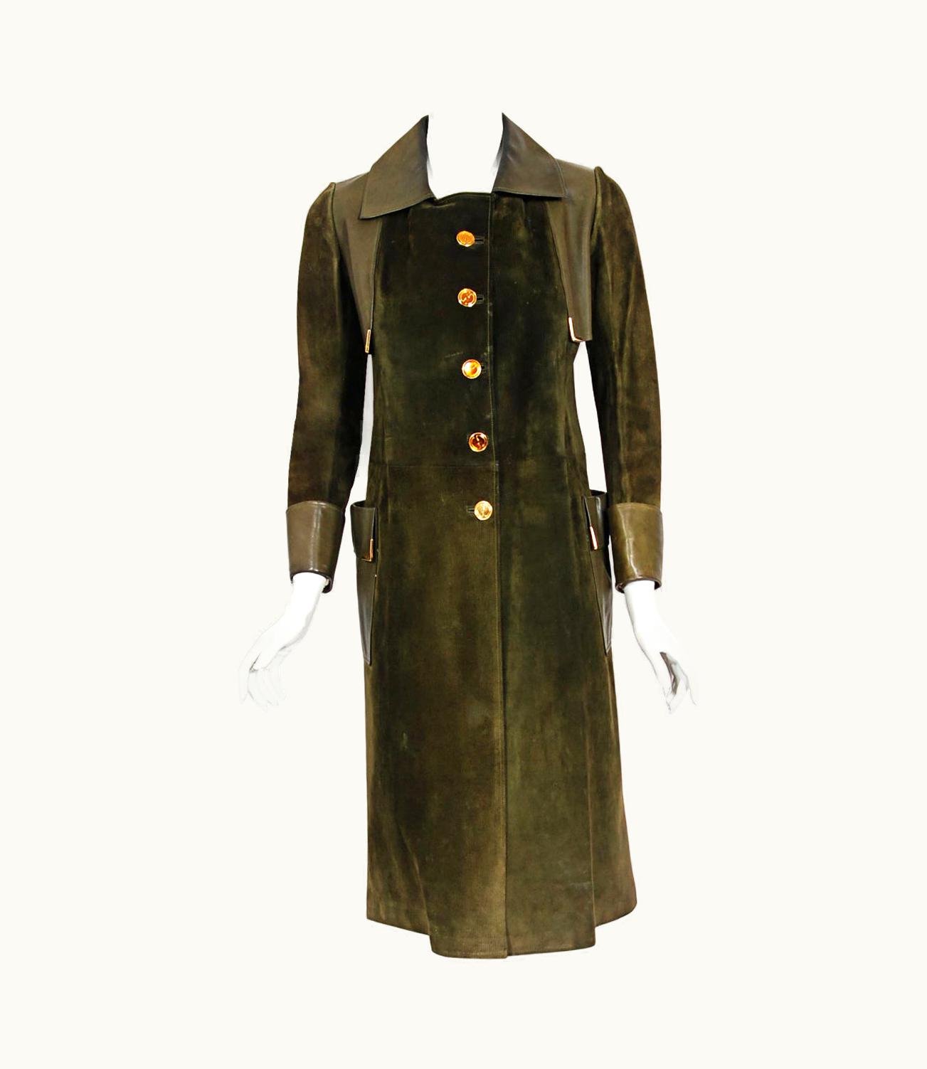 Gucci Vintage 1970' Gucci Olive-Green Leather Suede Logo Enamel Trench Coat Jacket