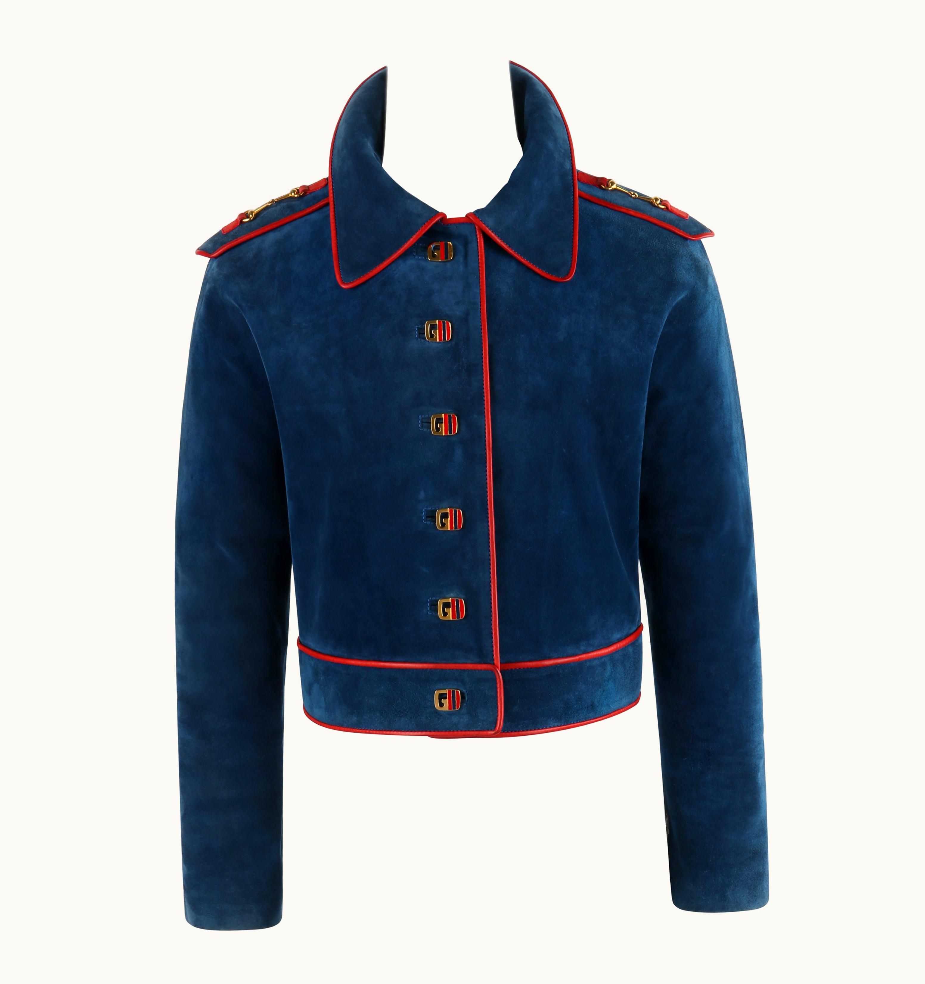 Gucci C.1970s Blue Red Suede Leather Trim Horse Bit Button-Up Cropped Jacket