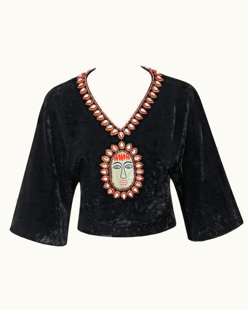 Gucci C.1970s Black Crushed Velvet Bead Embellished Bohemian Cropped Blouse Rare