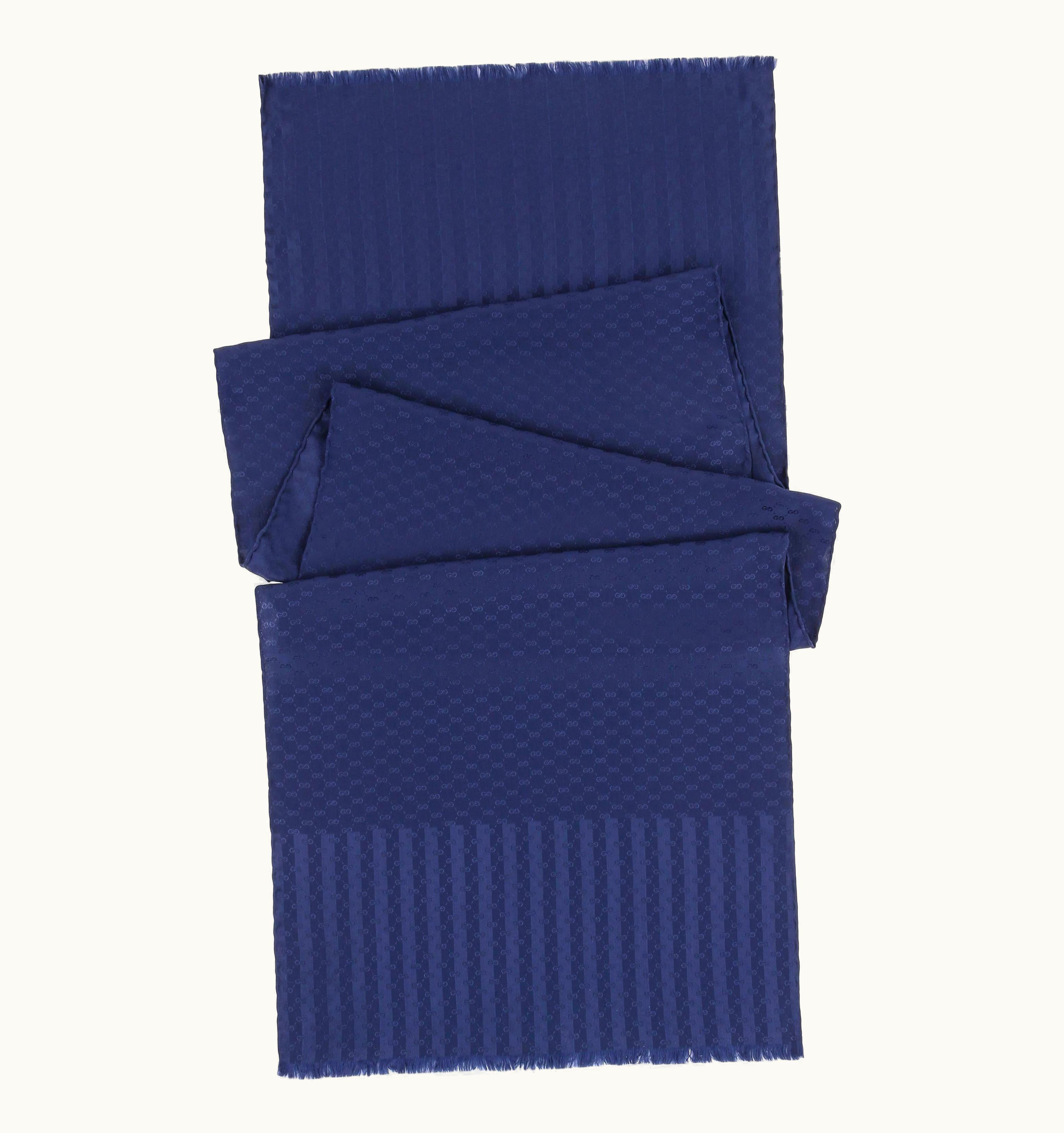 Gucci C.1970' Navy Blue Gg Guccissima Monogram Silk Oblong Fringe Wrap Scarf