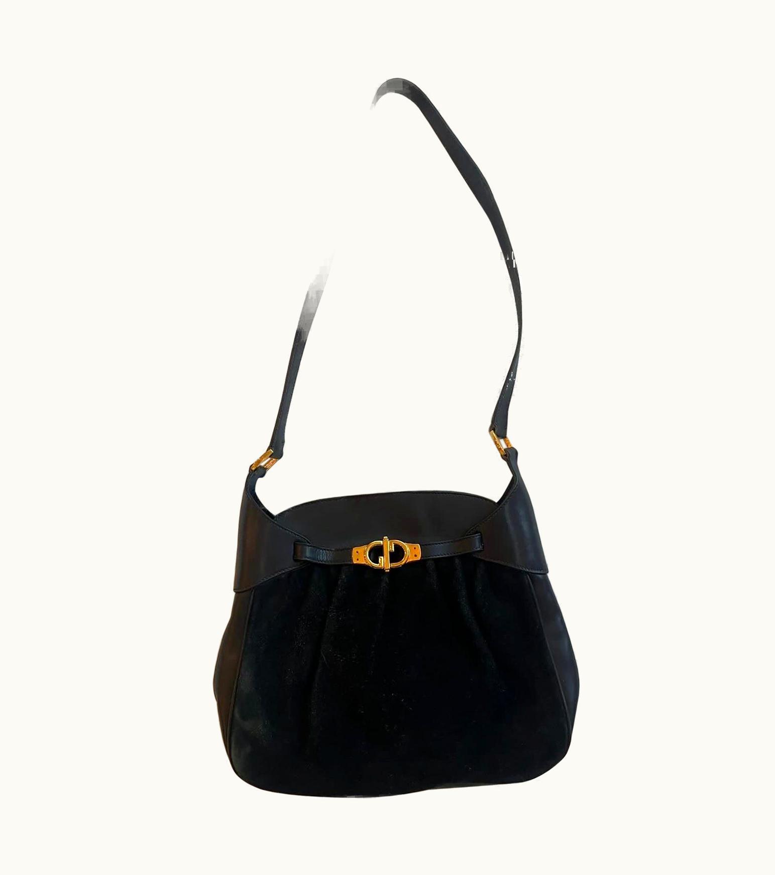 Gucci Vintage Gucci Black Suede Leather Gg Gold Tone Logo Hobo Bag Crossbody Purse Bag