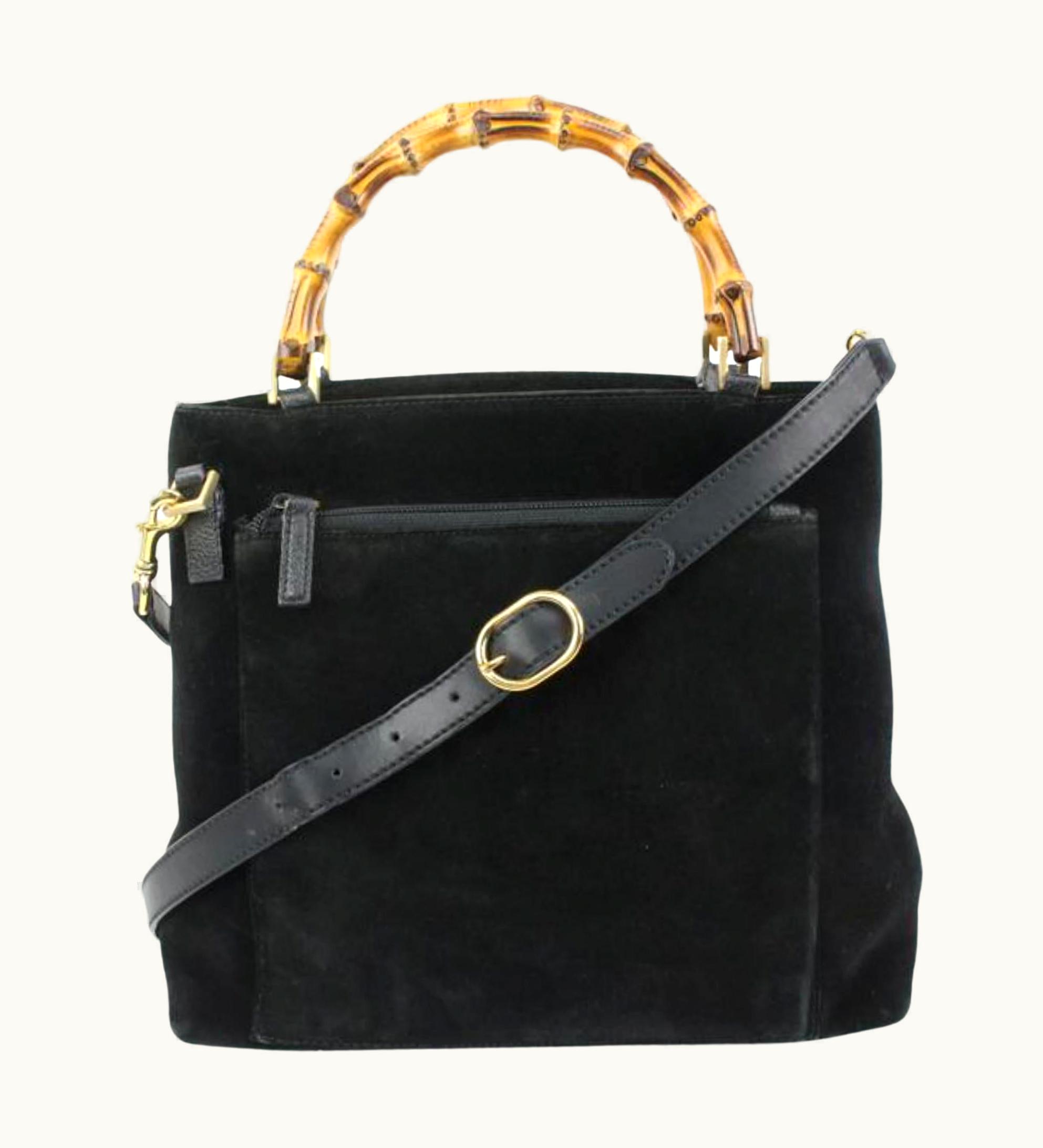 Gucci Black Suede Bamboo Tote 2way Crossbody Bag 62gz421s