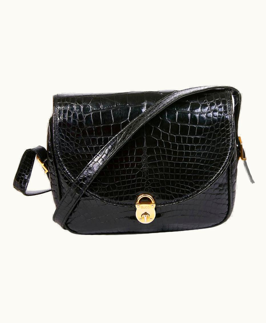 Gucci Vintage Glossy Black Crocodile Bag