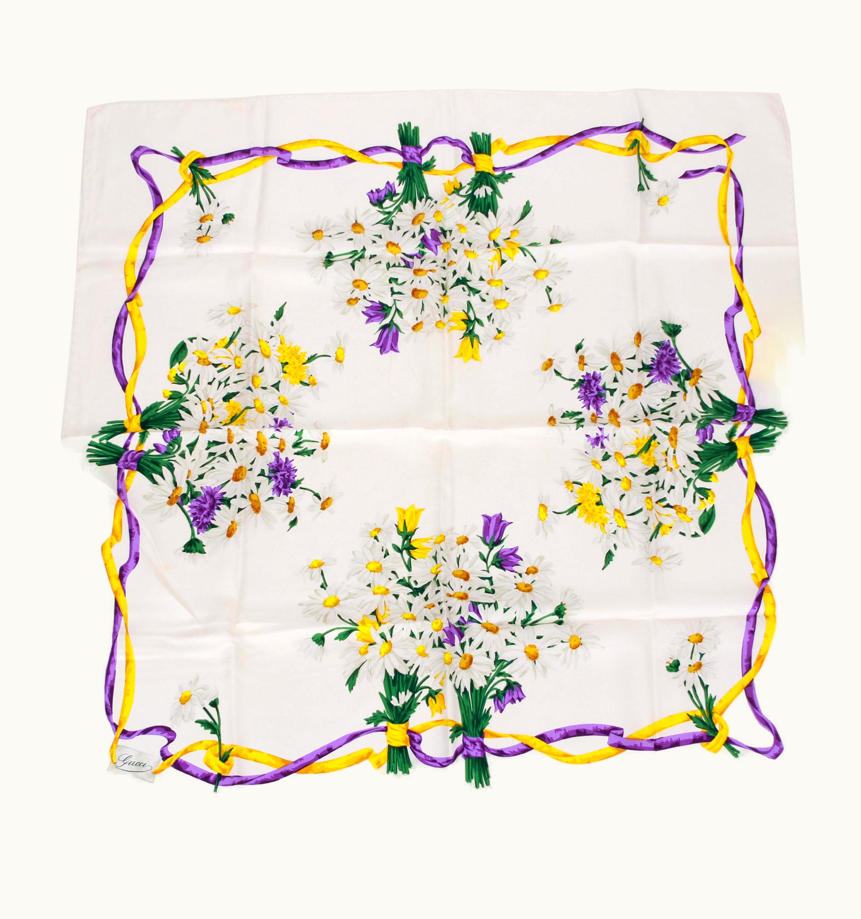 Gucci Vintage White Silk Bouquets Scarf
