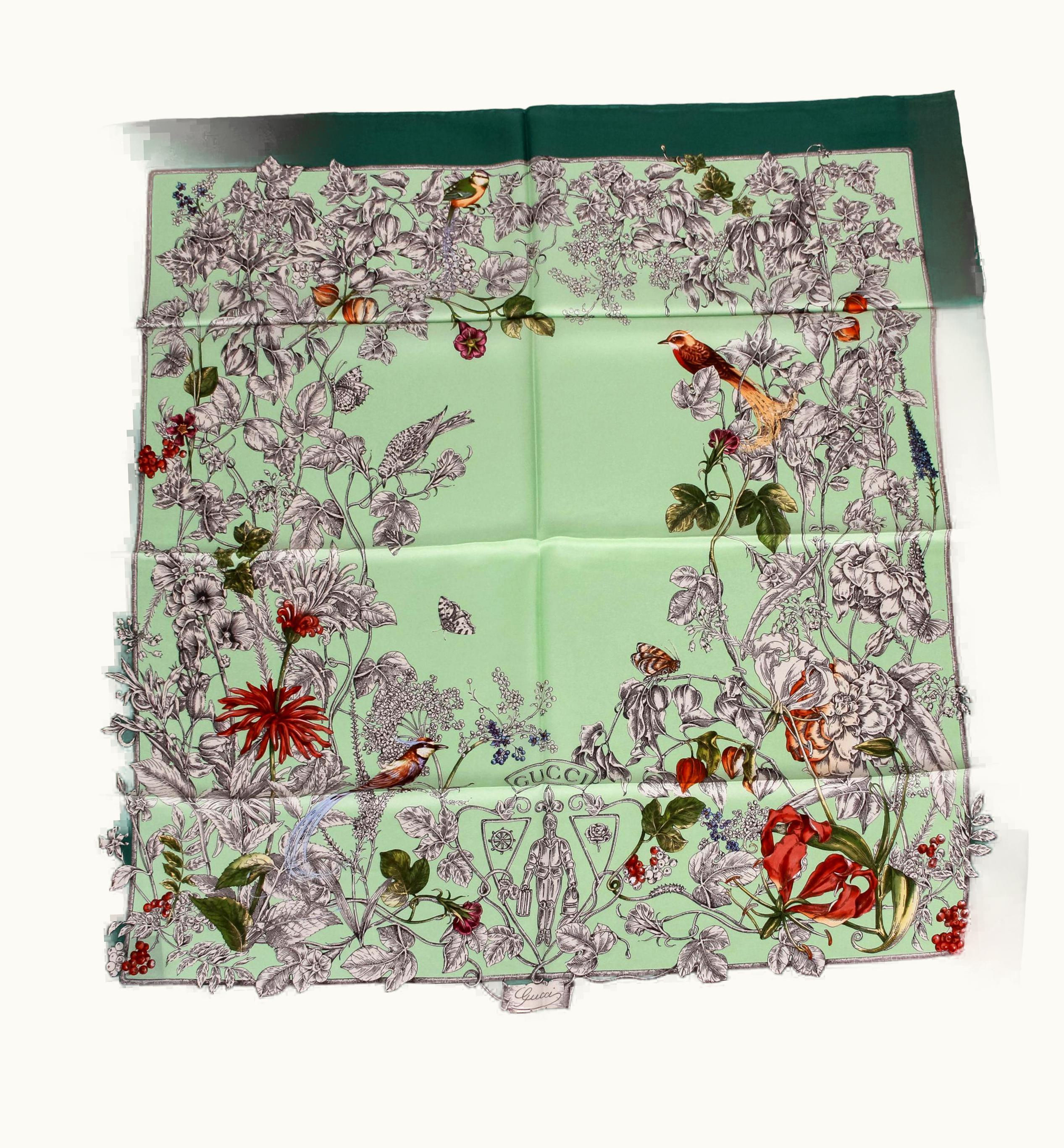 Gucci Green Floral Square Silk Scarf