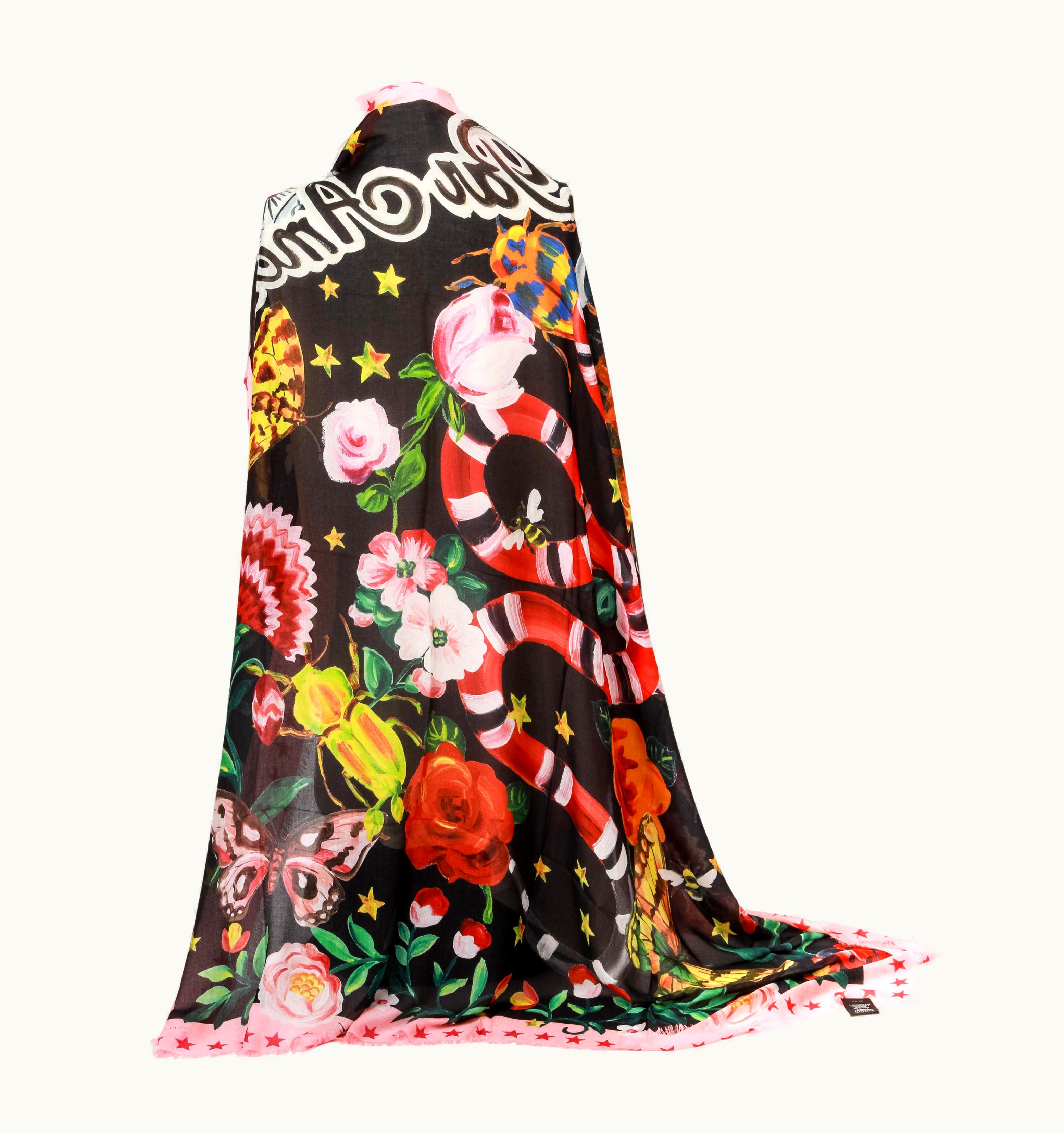 Gucci Floral Snake Black Graphic Scarf