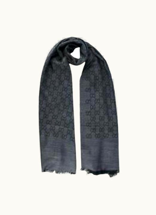 Gucci Grey & Black Wool & Silk Monogram Scarf