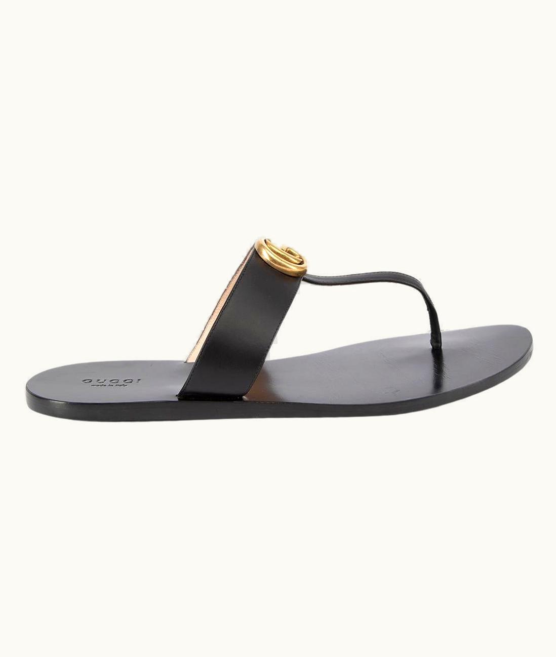 Gucci Women' Black Marmont Leather Thong Sandals With Double G