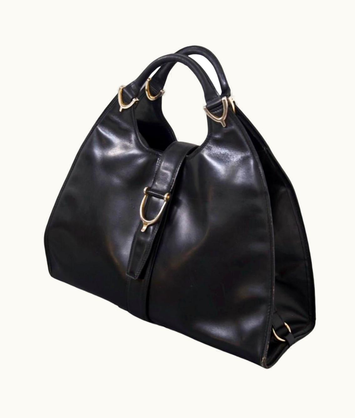 Gucci Vintage Black Leather Stirrup Hobo Handbag