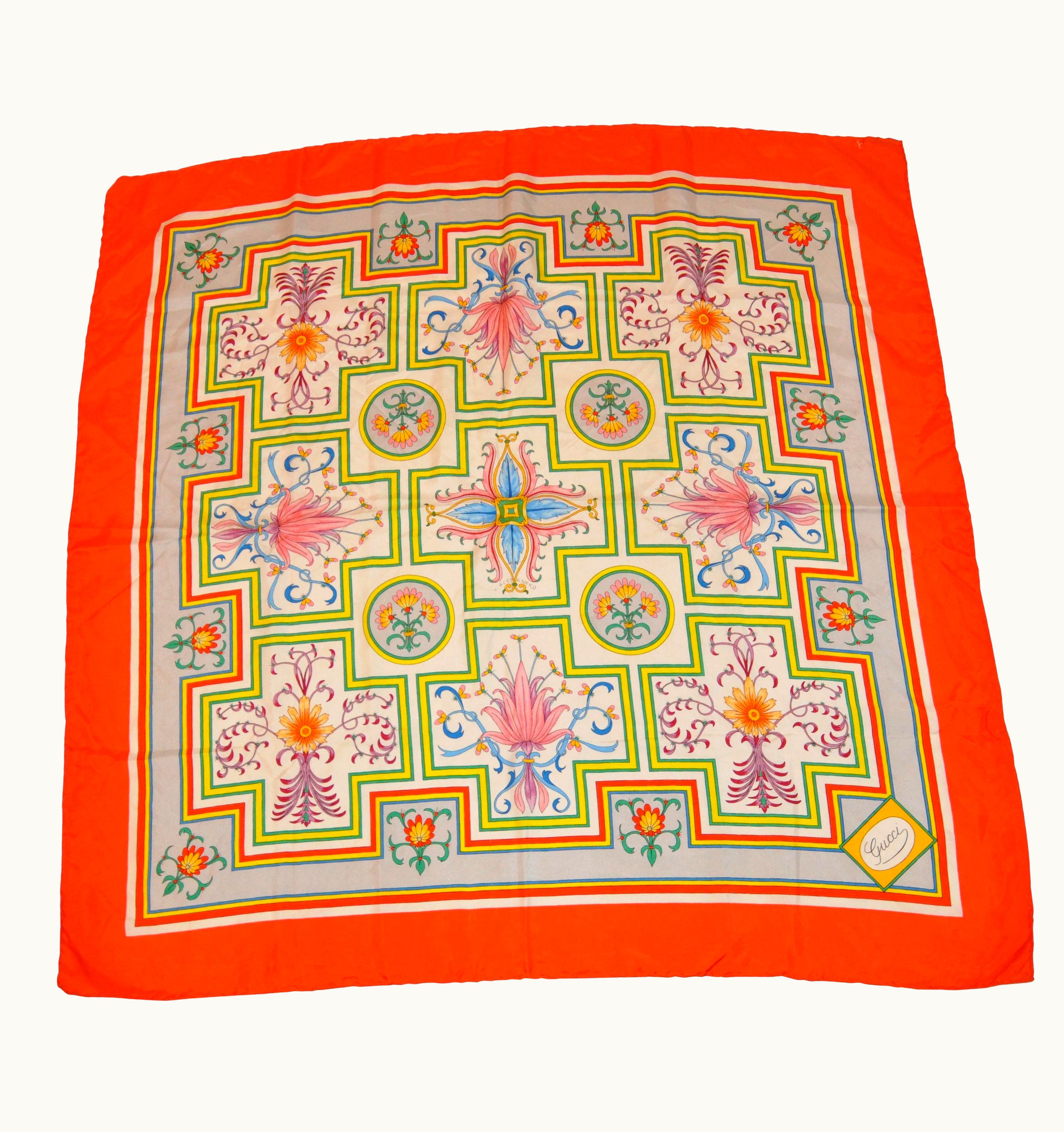 Gucci Tangerine Border Abstract Floral Silk Scarf