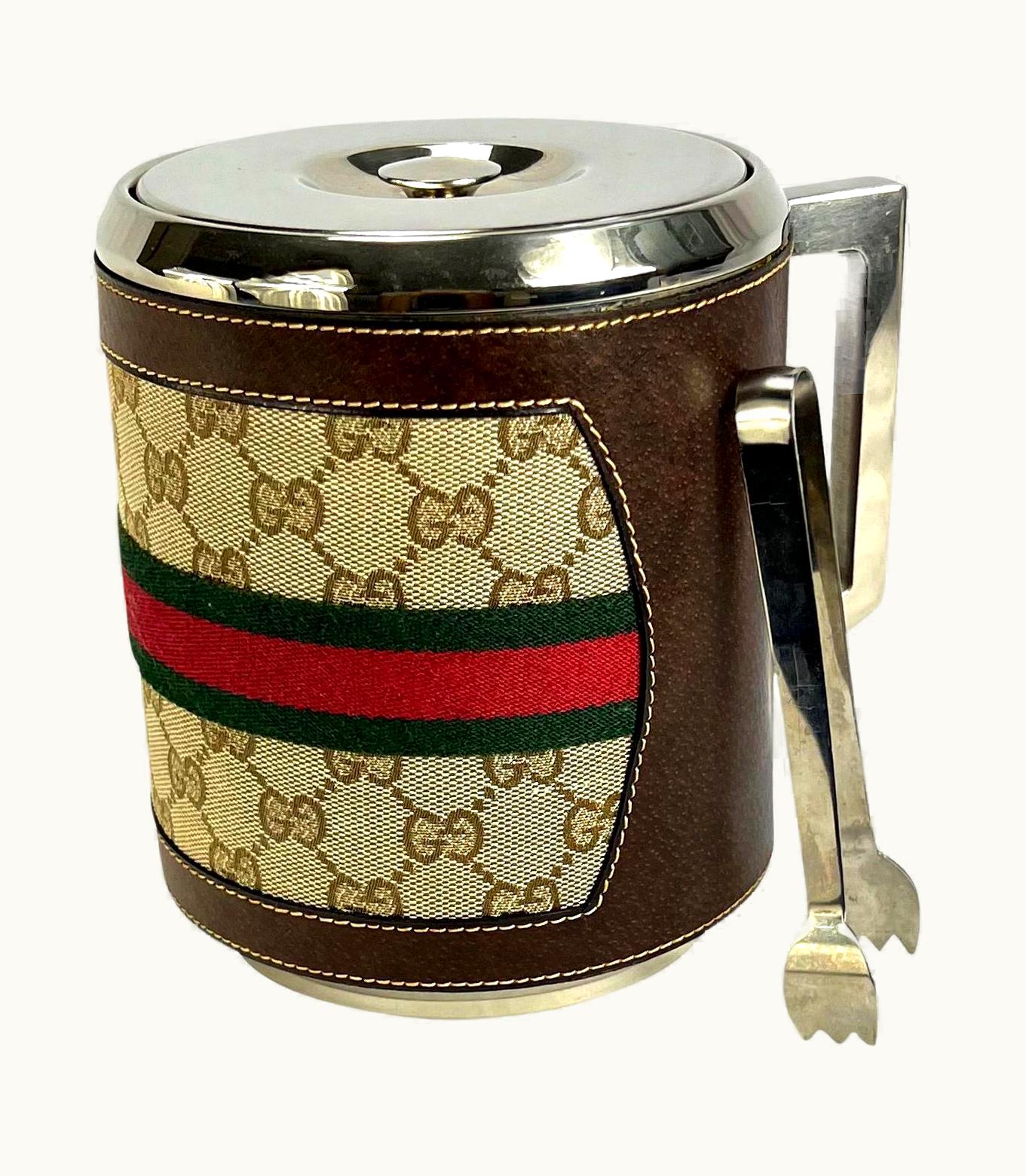 Gucci 1980s Gucci Leather 'gg' Monogram Canvas Ice Bucket
