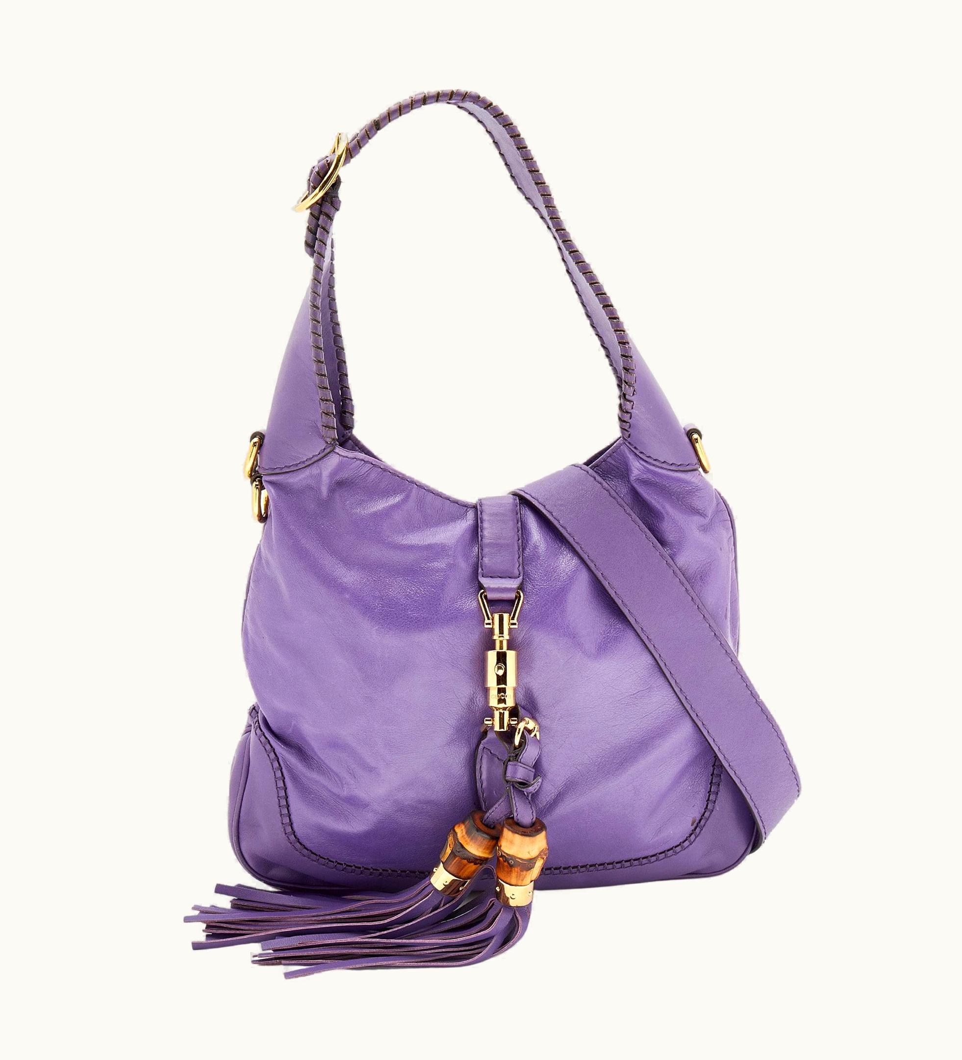 Gucci Purple Leather Jackie Fringes Bamboo Shoulder Bag