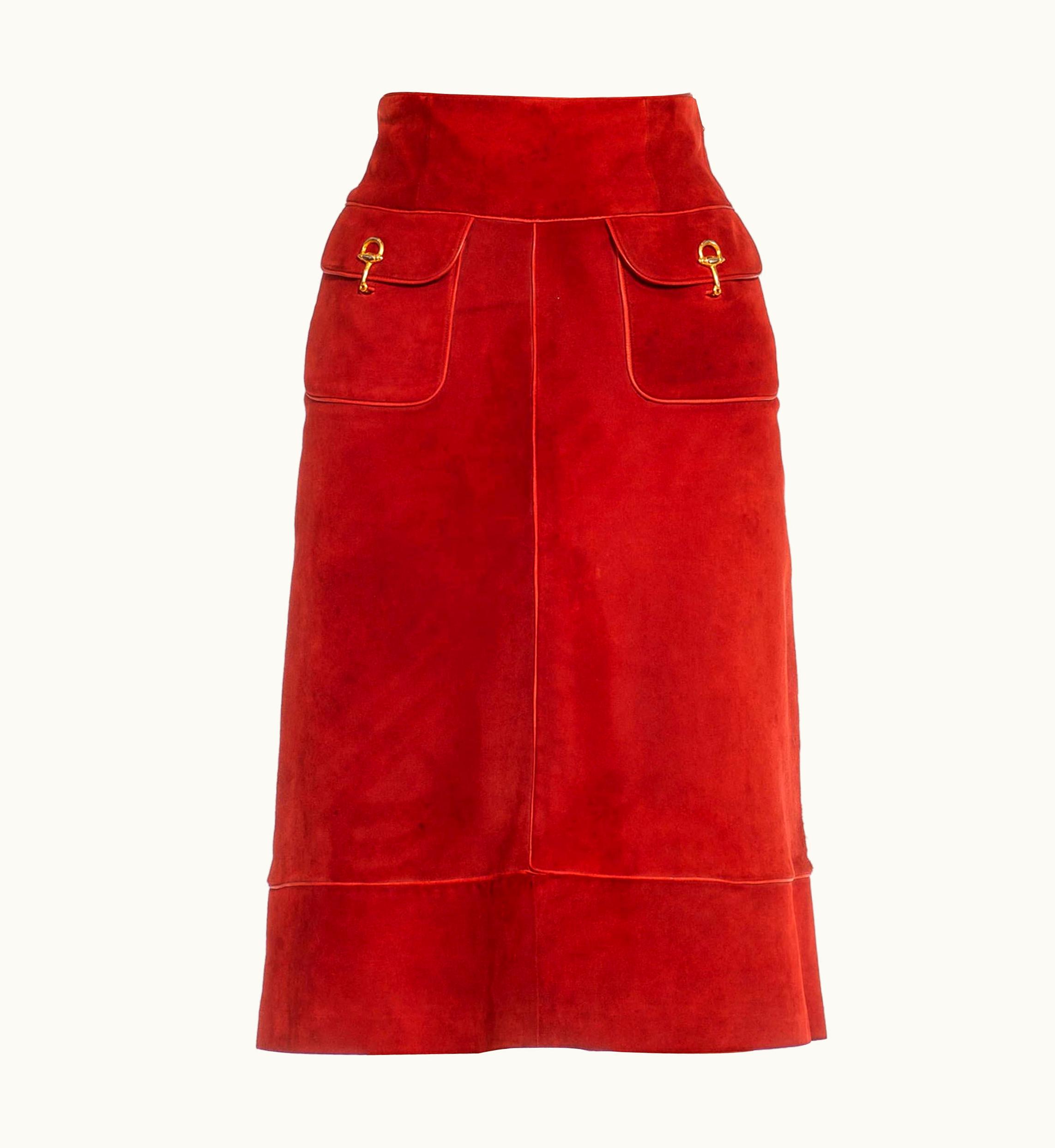 Gucci 1990s Gucci Burgundy & Gold Suede Midi Buckle Skirt