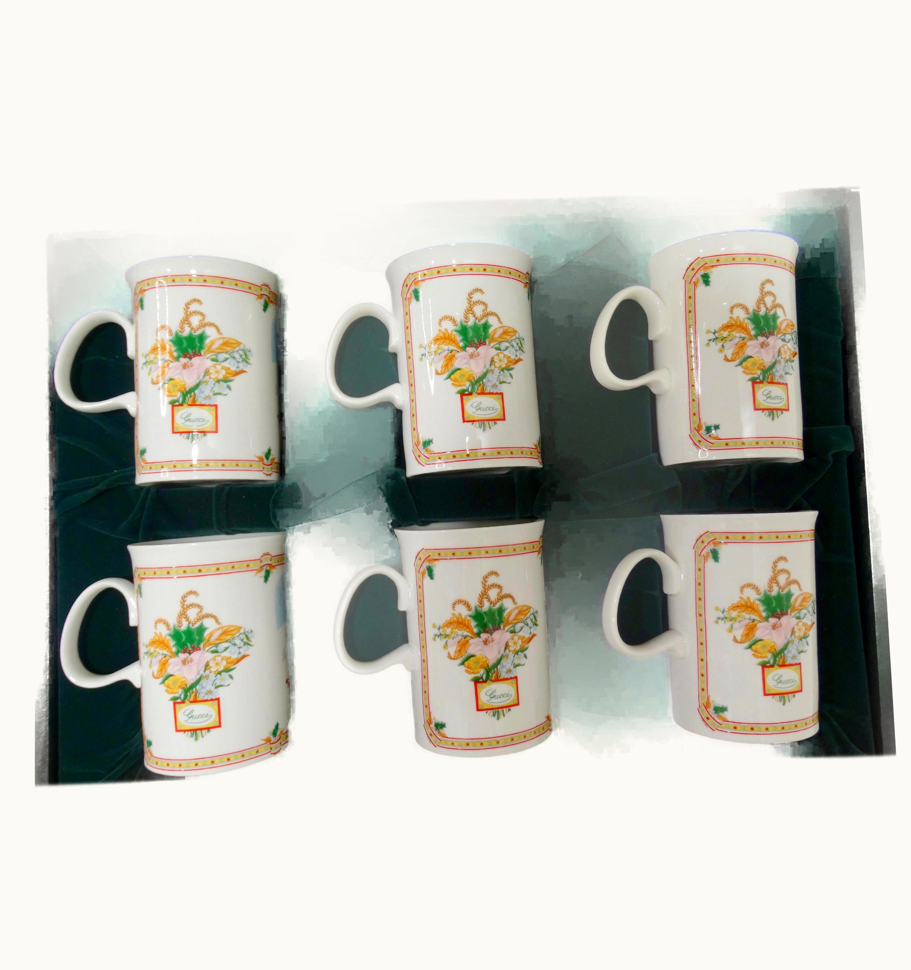 Gucci 1980s Porcelain Flora & Holiday Motif Mug Set