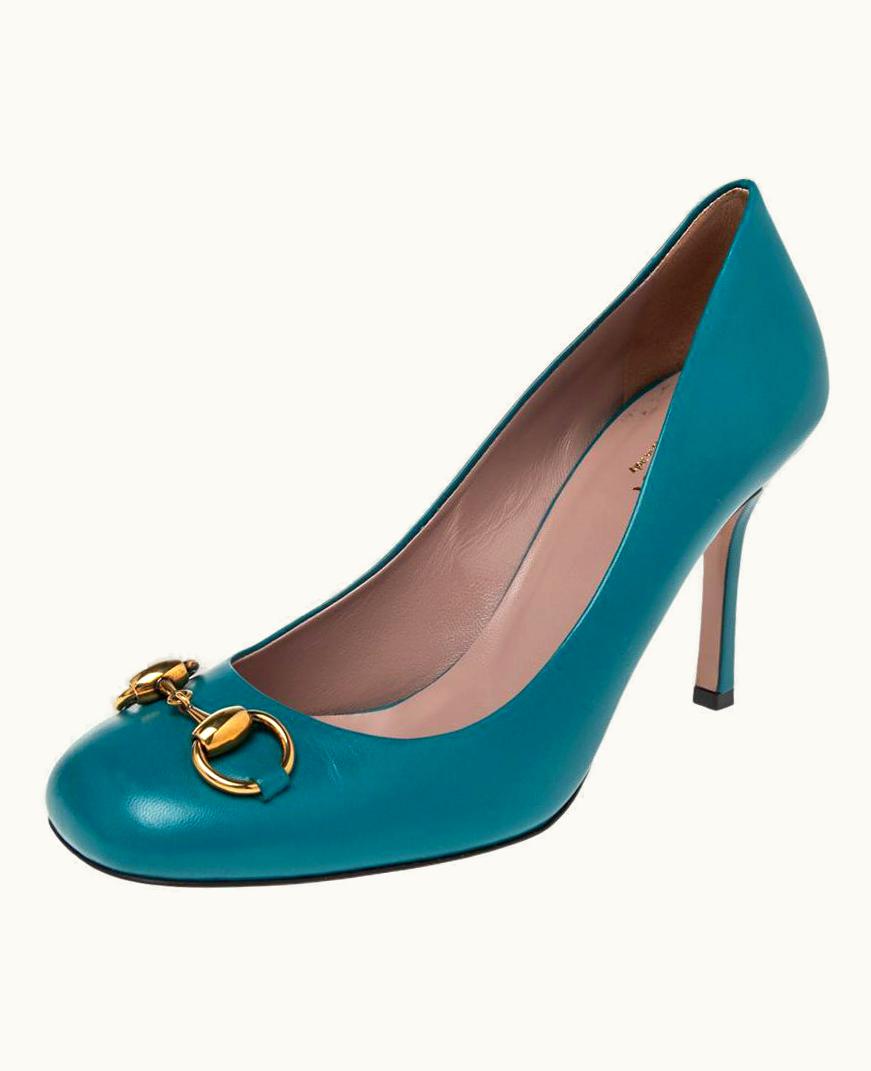 Gucci Blue Leather Jolene Horsebit Pumps