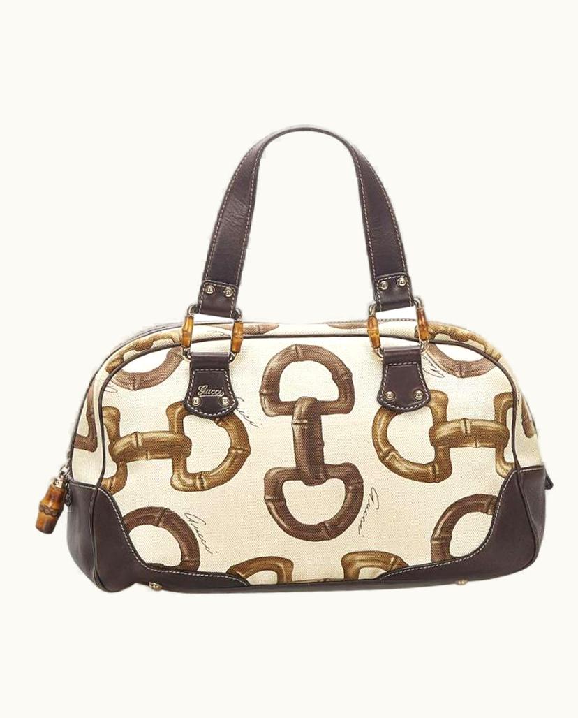 Gucci Bamboo Horsebit Canvas Handbag In Leather Handstrap