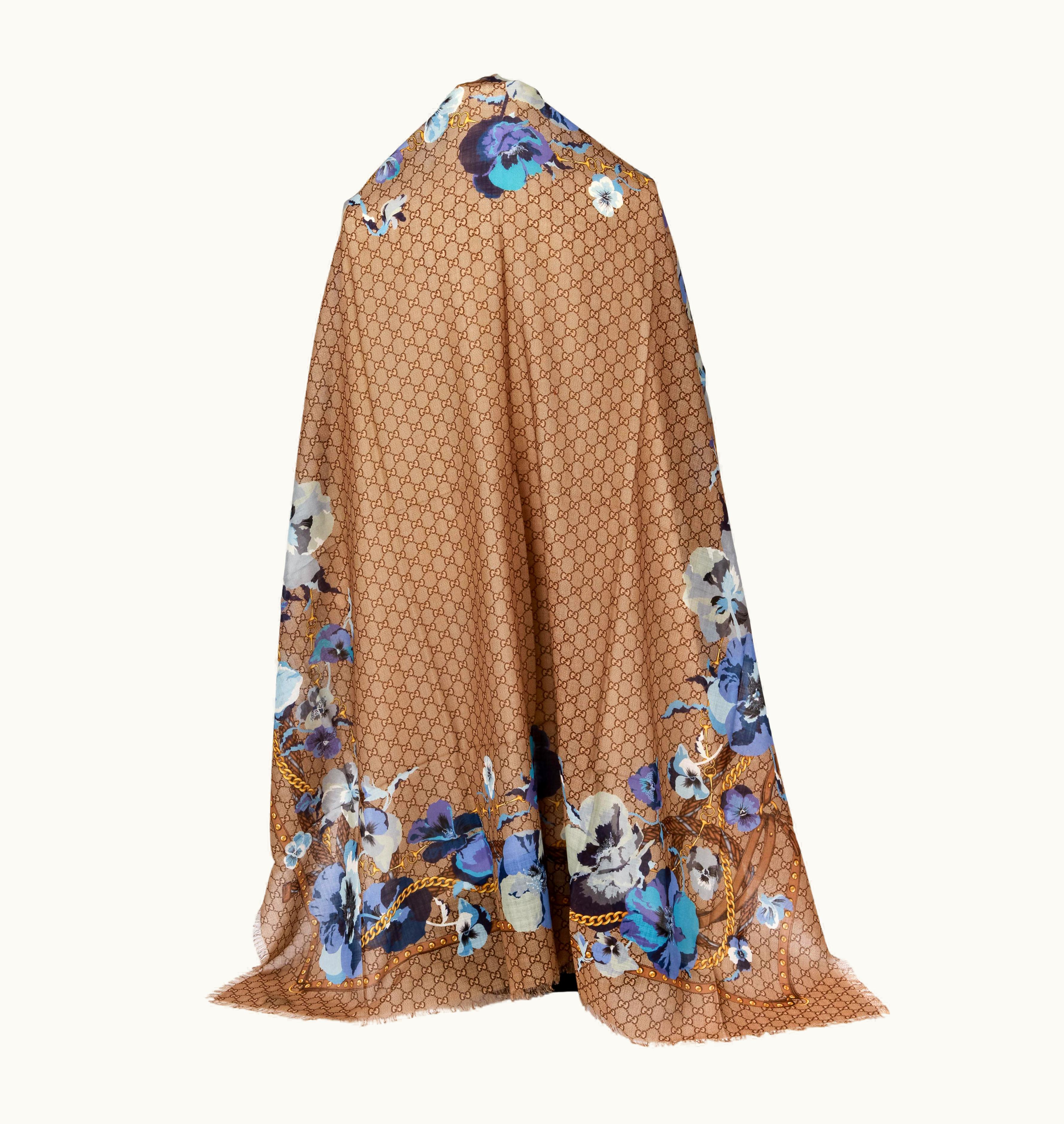 Gucci Monogram Blue Flower Wool Shawl Scarf