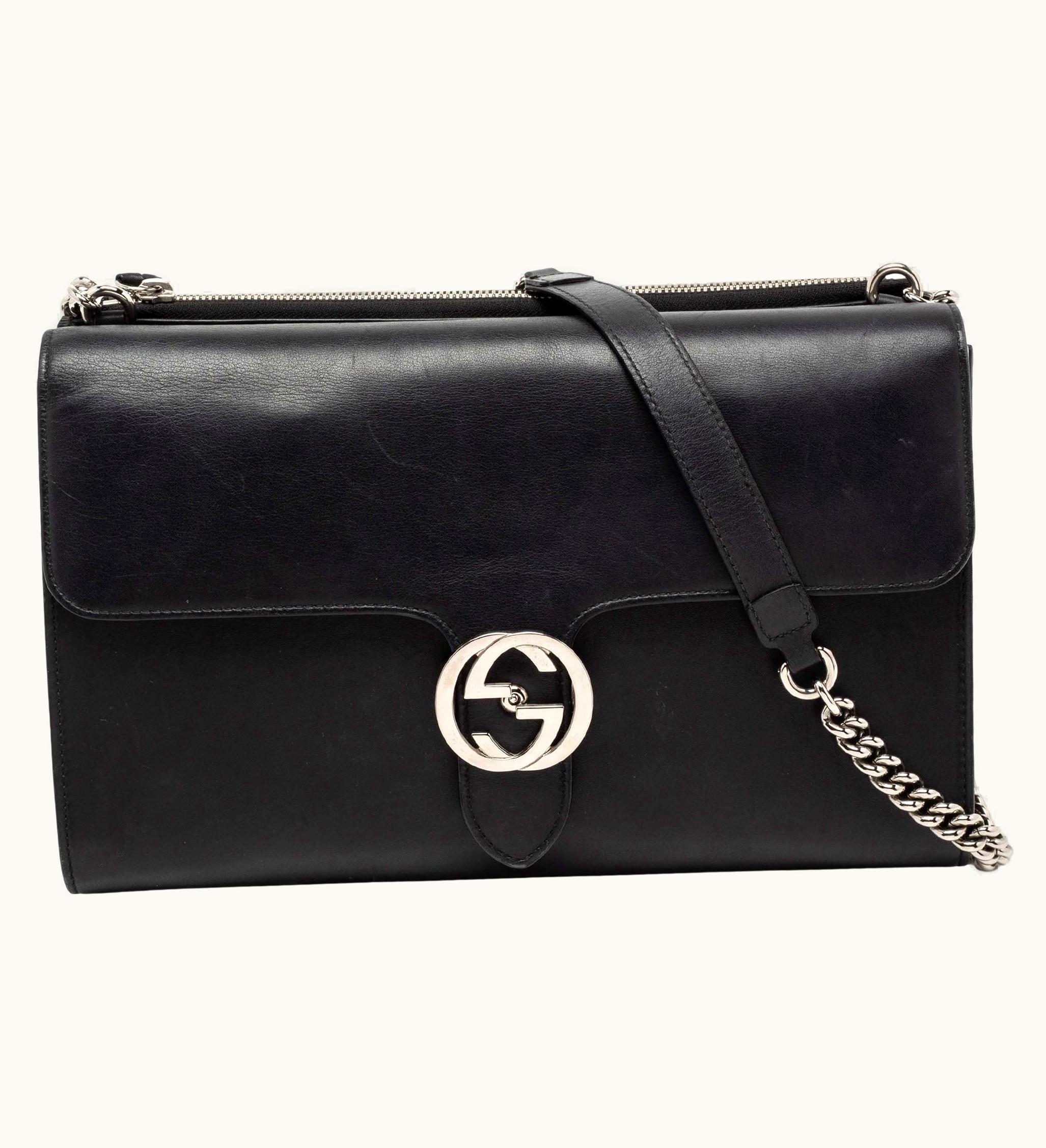 Gucci Black Leather Dollar Interlocking G Shoulder Bag UZ0572734
