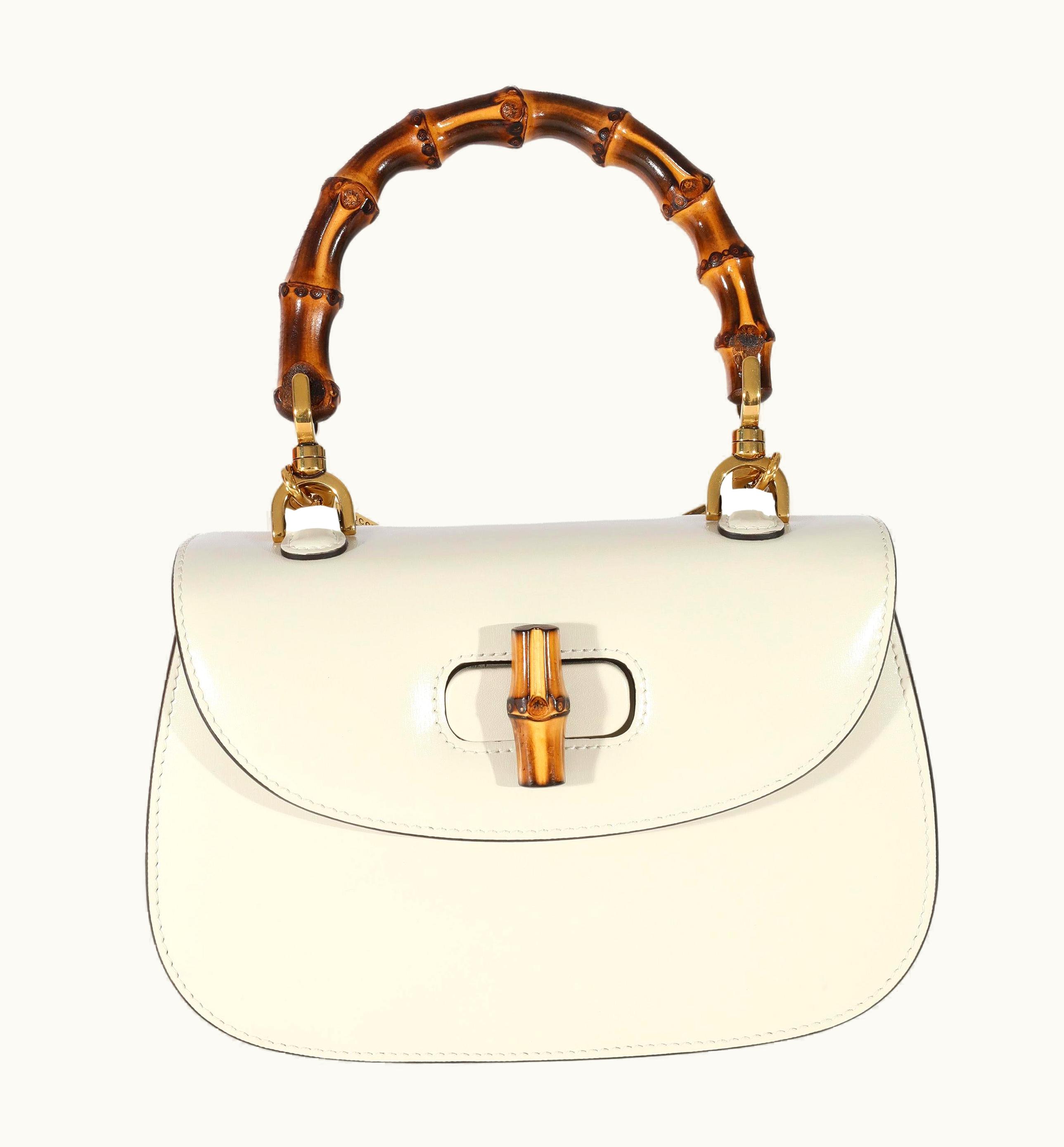 Gucci White Leather Small 1947 Bamboo Top Handle