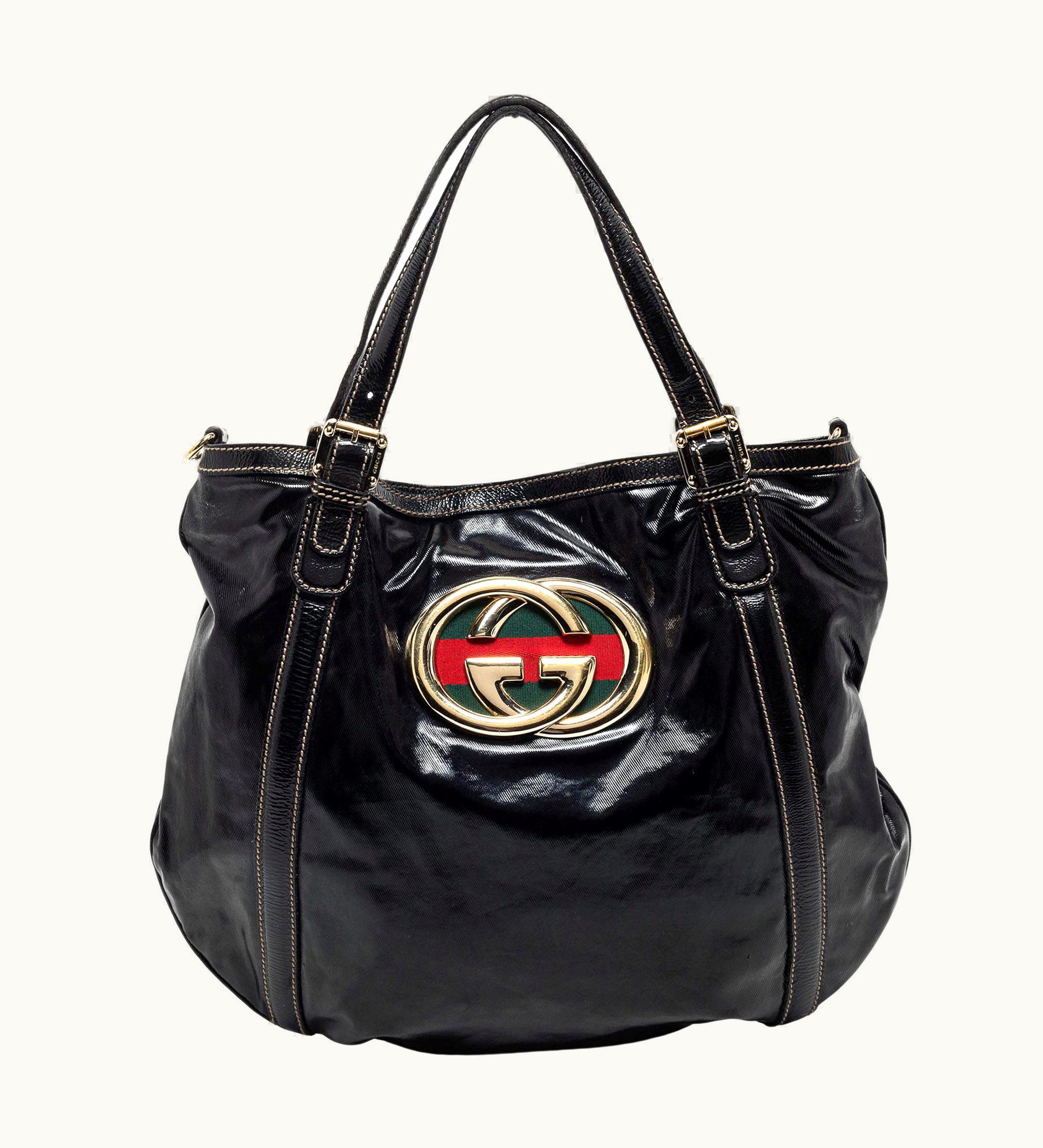 Gucci Black Patent Leather Medium Dialux Britt Tote