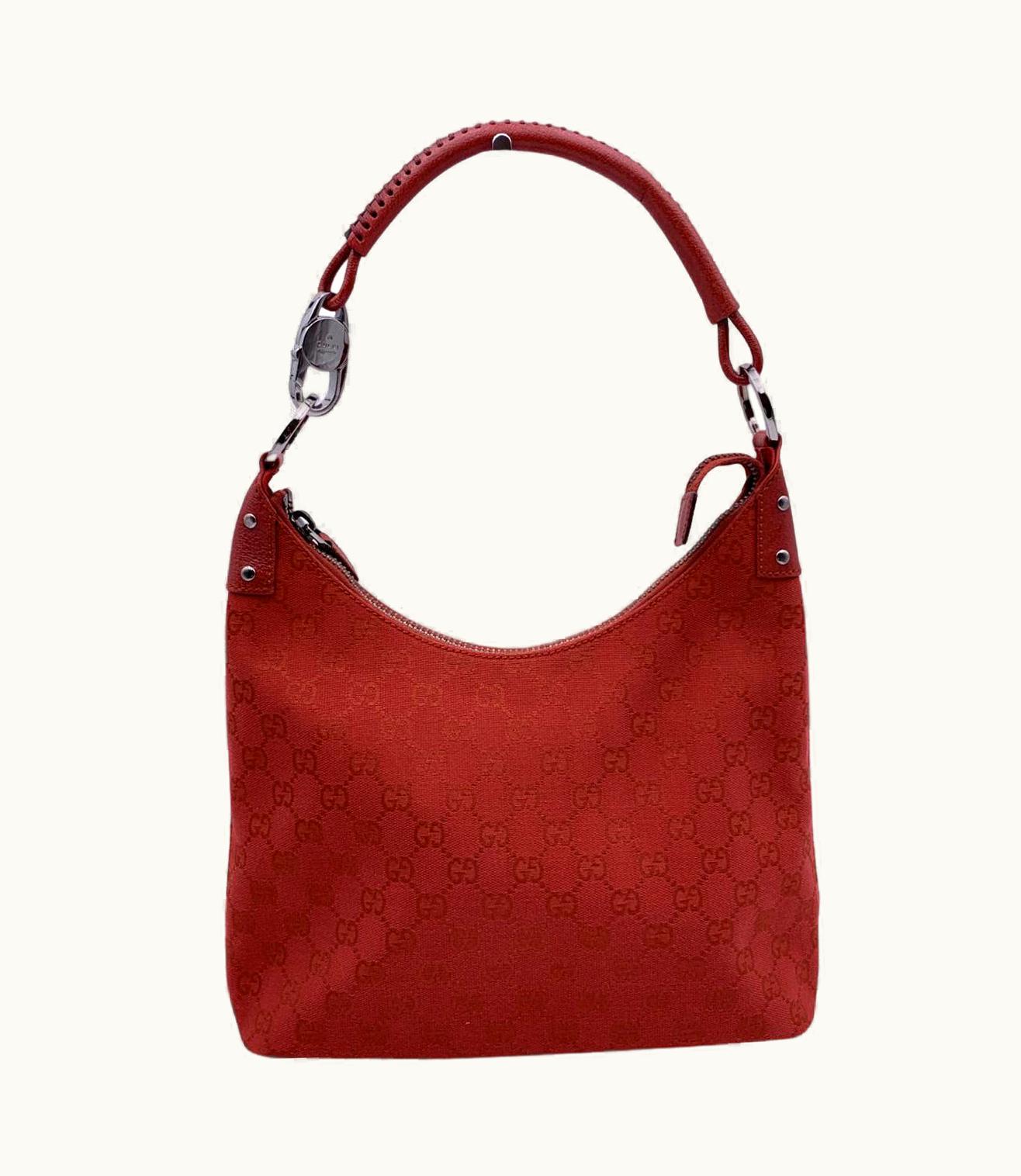 Gucci Red Monogram Canvas Hobo Shoulder Bag Tote