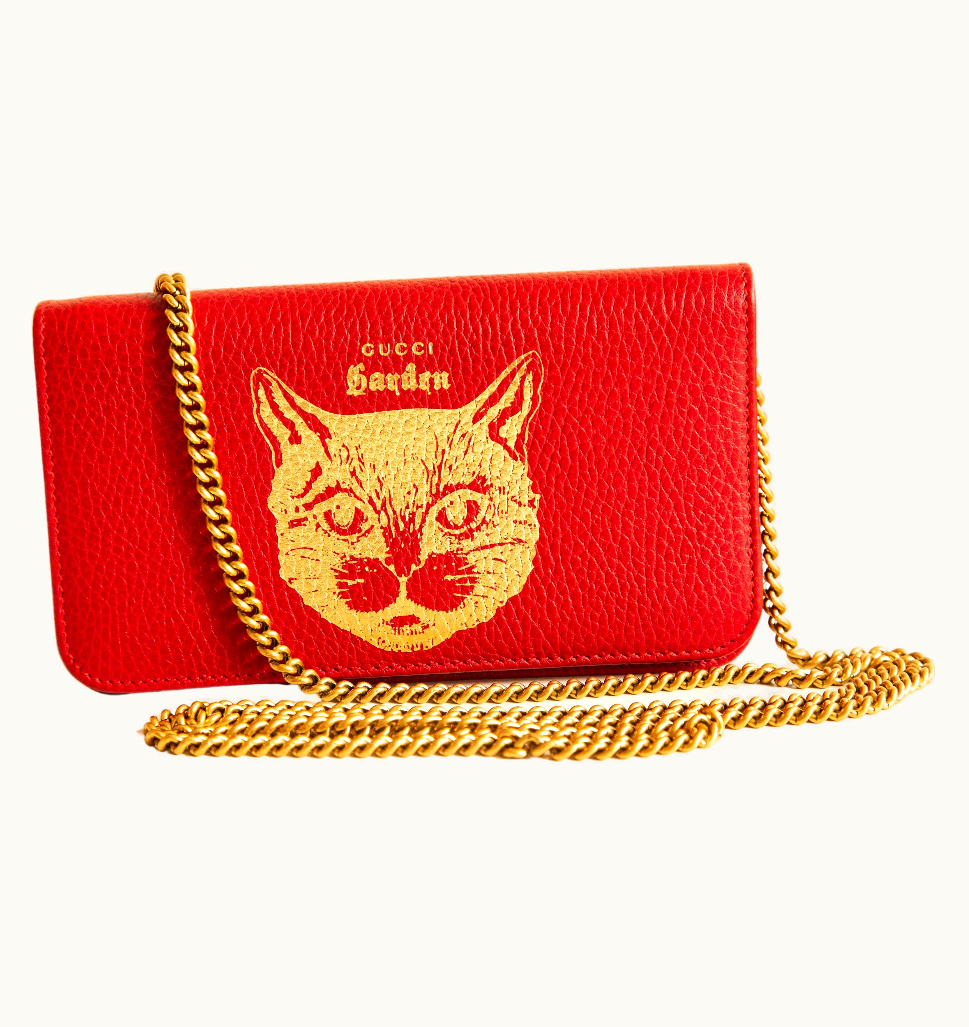 Gucci Garden Cat Chain Pouch In Red Leather