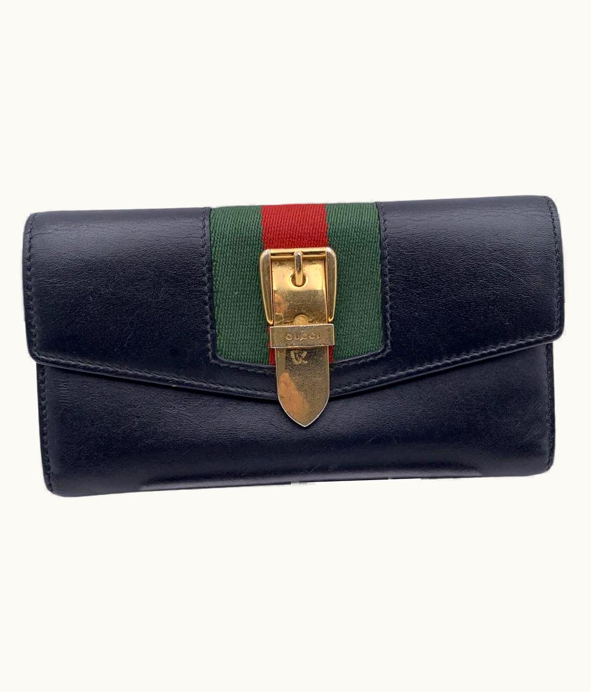Gucci Black Leather Signature Web Sylvie Continental Wallet