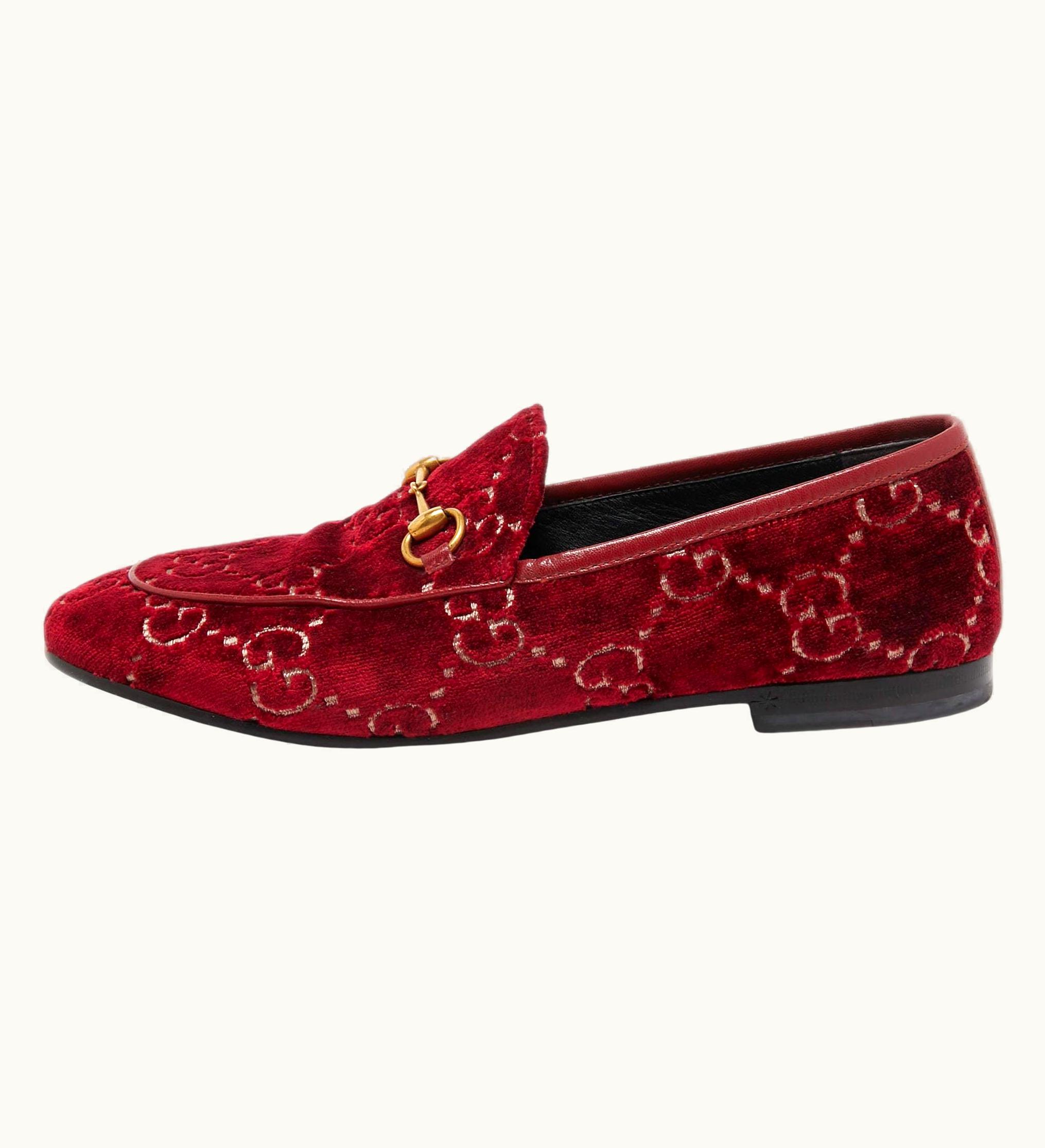 Gucci Red Gg Velvet Jordaan Loafers
