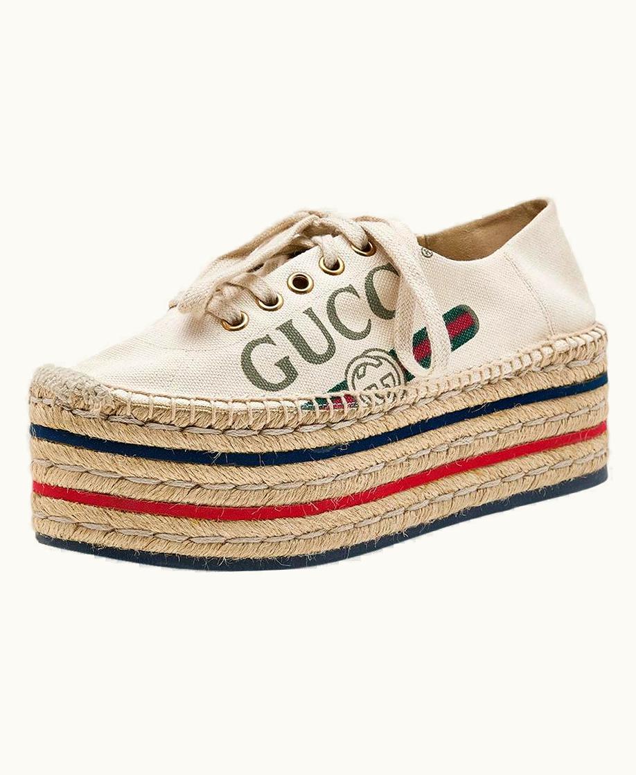 Gucci Cream Canvas Logo Platform Espadrilles