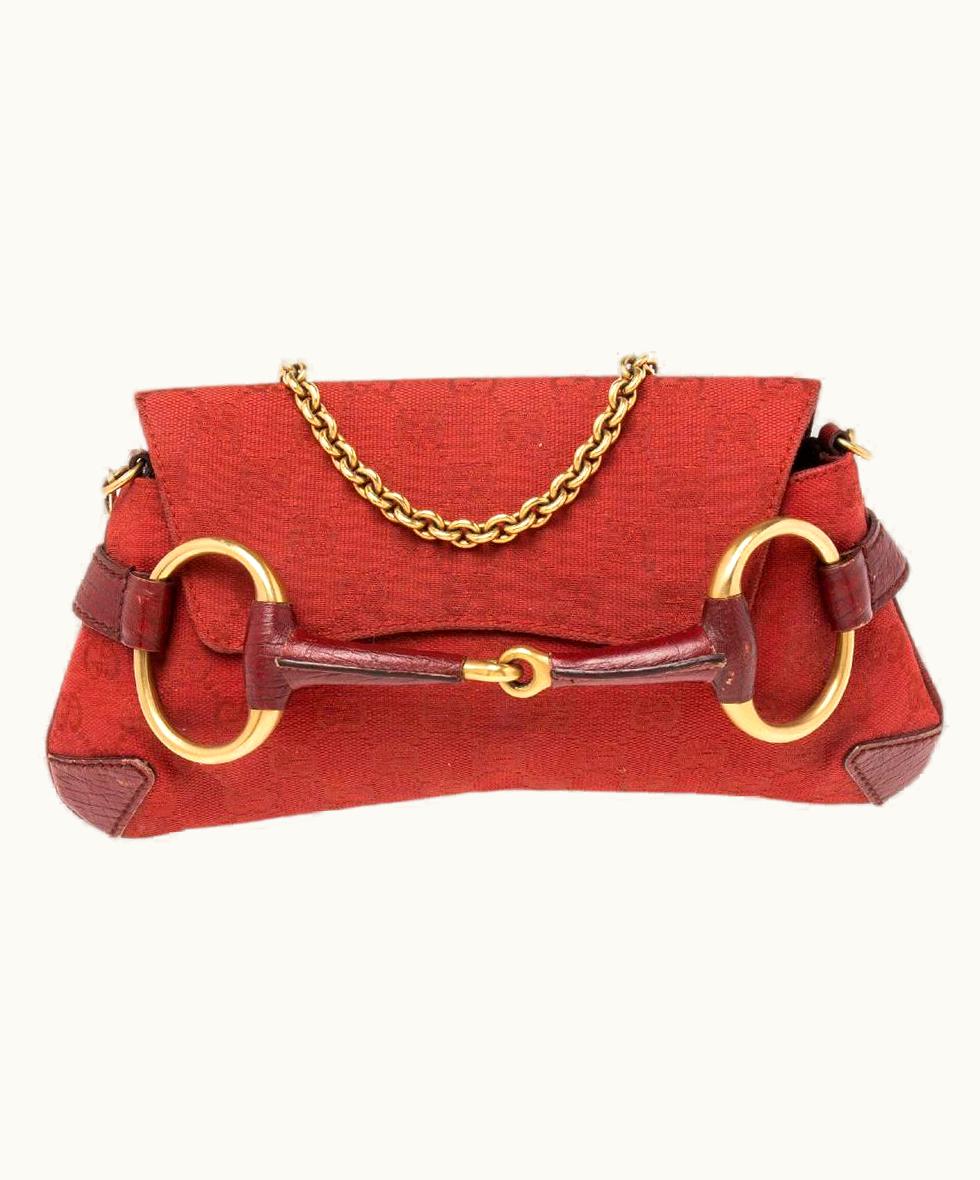 Gucci Brick Red Gg Canvas Horsebit Chain Clutch