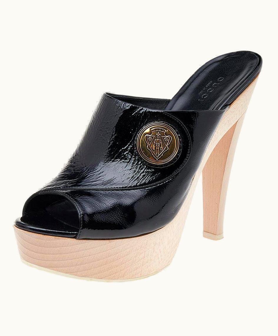 Gucci Black Patent Hysteria Platform Clogs