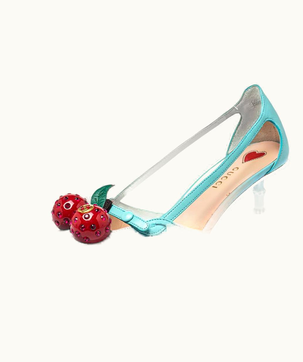 Gucci Blue Leather Cherry-Embellished Pumps