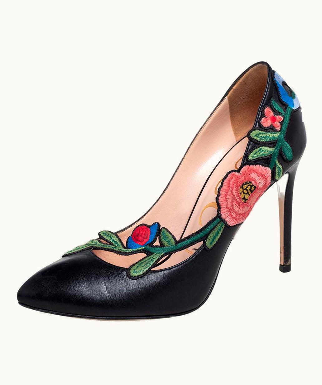 Gucci Black Embroidered Leather Ophelia Pumps