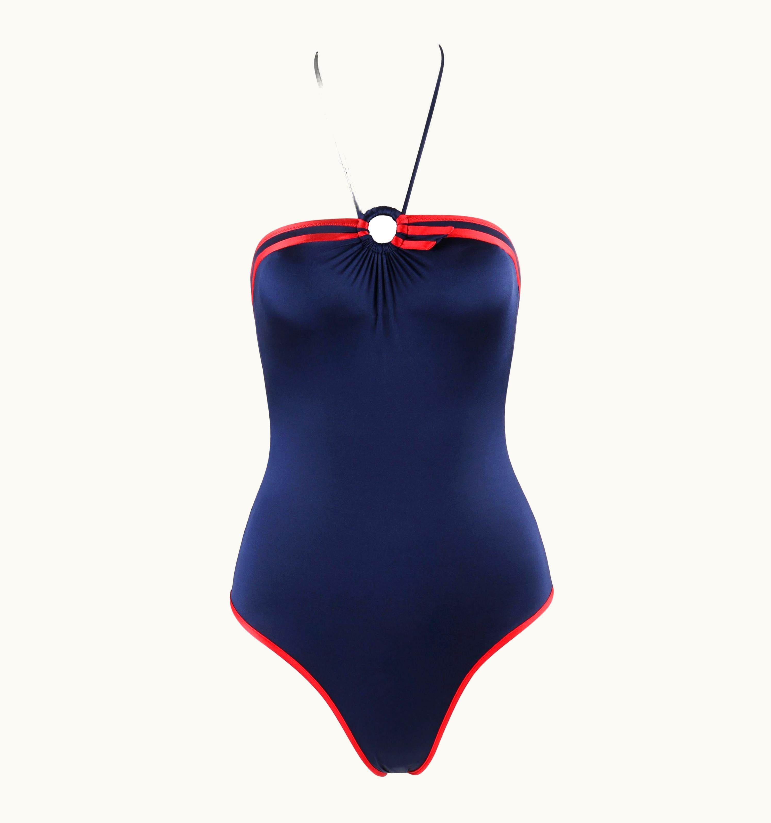 Gucci c.1980' Blue Red Trim High Cut Leg Ring Halter 1 Piece Bathing Swimsuit