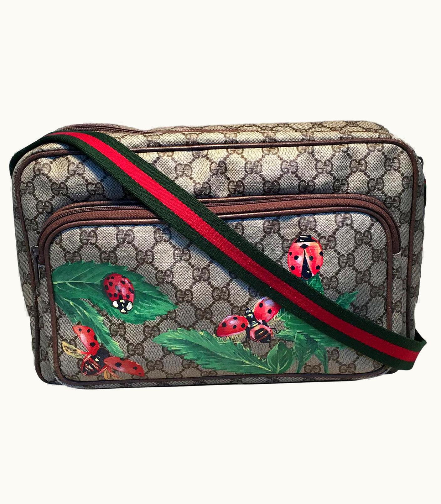Gucci Vintage Monogram Customized Ladybug Reporter Messenger Shoulder Bag in Green and Brown