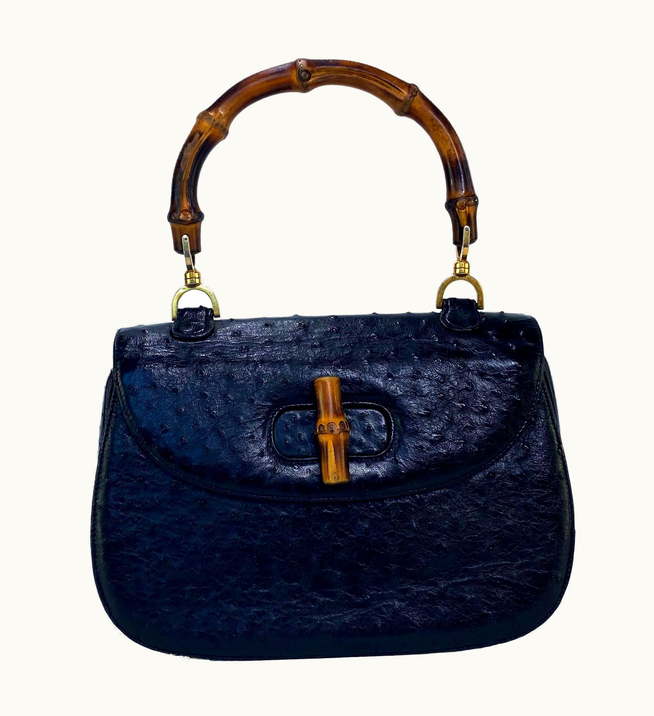 Gucci 1980s Gucci Black Ostrich Vintage Bamboo Top Handle Bag