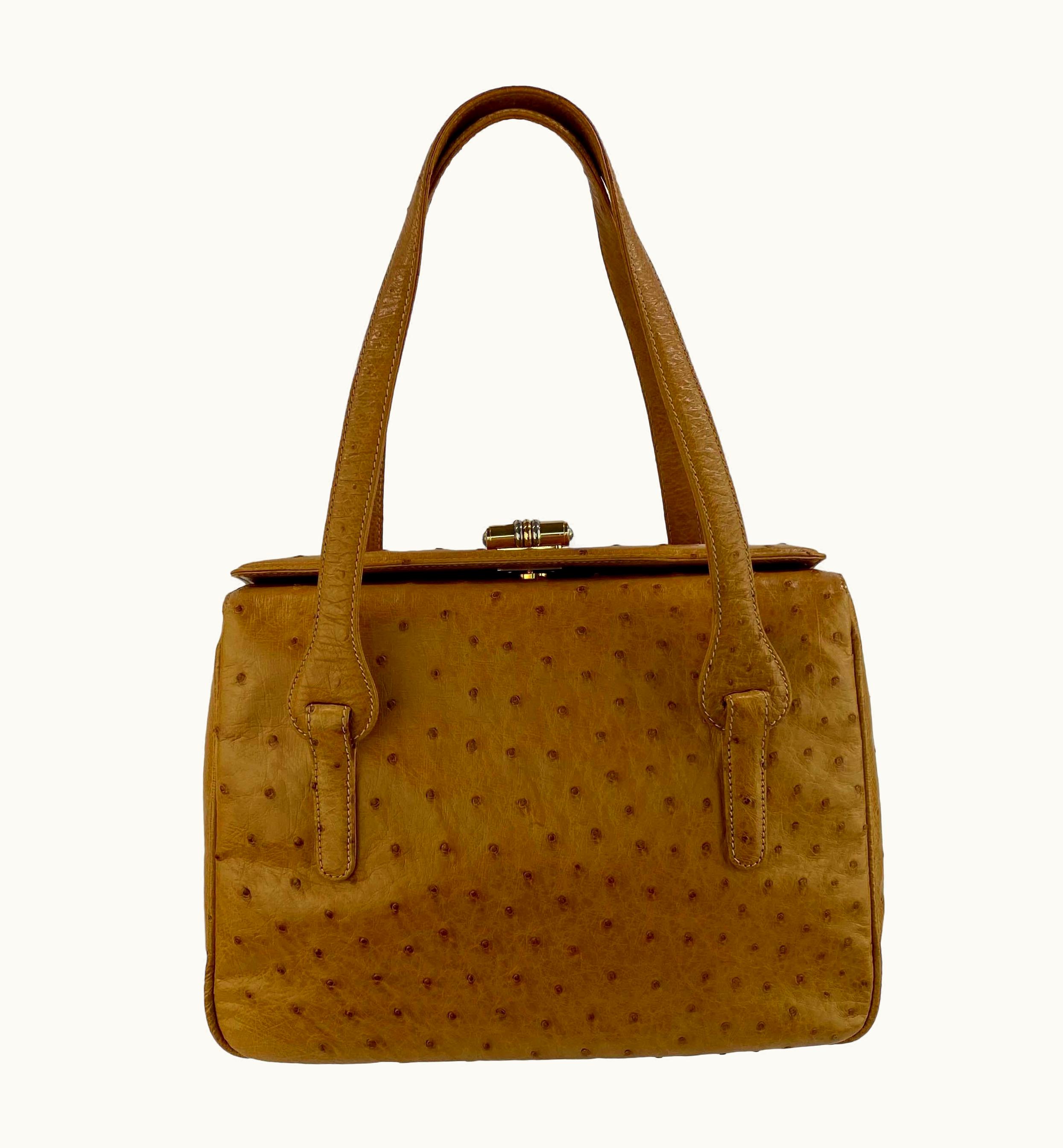 Gucci 1980s Gucci Caramel Ostrich Shoulder Bag Twist Lock Closure