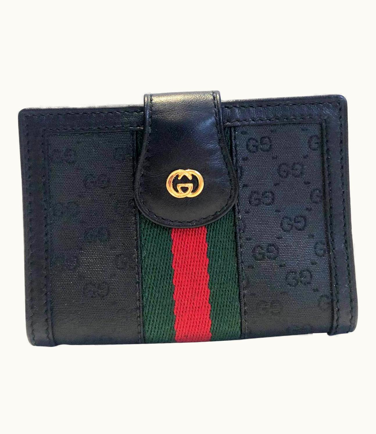 Gucci 1980s Gucci Black Monogram Leather Cloth Web Gg Logo Wallet