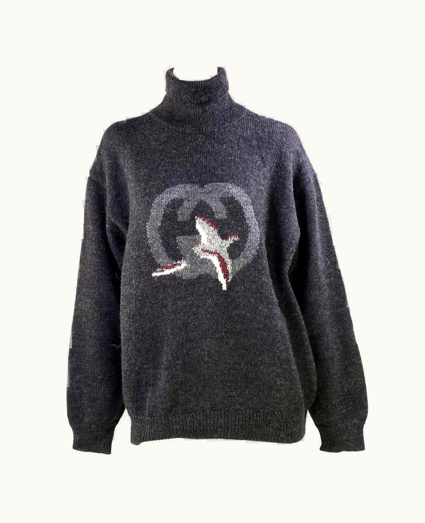 Gucci 1980s Gucci Gg Logo Vintage Hunting Bird Oversized Turtleneck Sweater