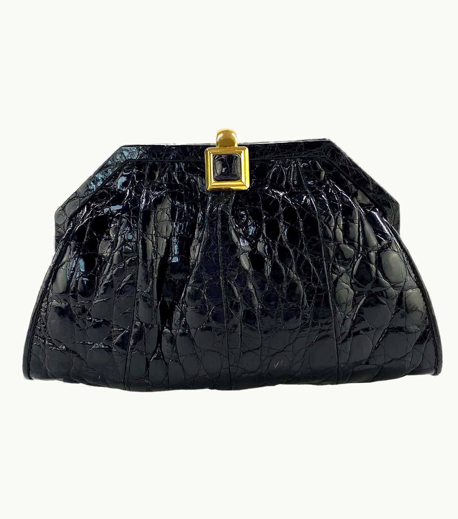 Gucci S/S 1987 Gucci Black Alligator Documented Chain Crossbody Clutch