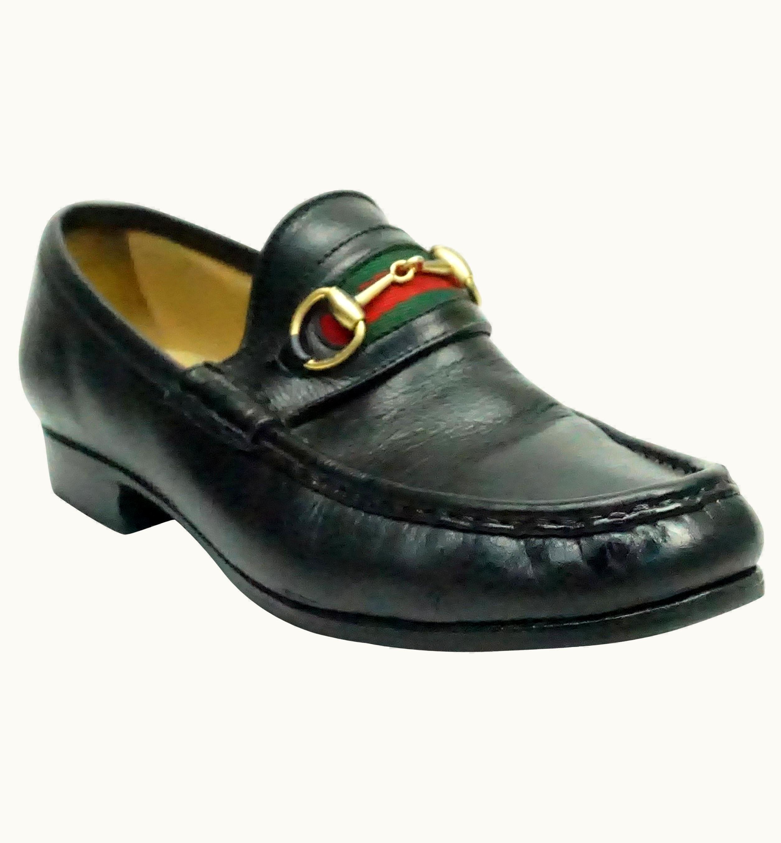 Gucci Vintage Black Leather Loafer WS/S Red And Green Stripe