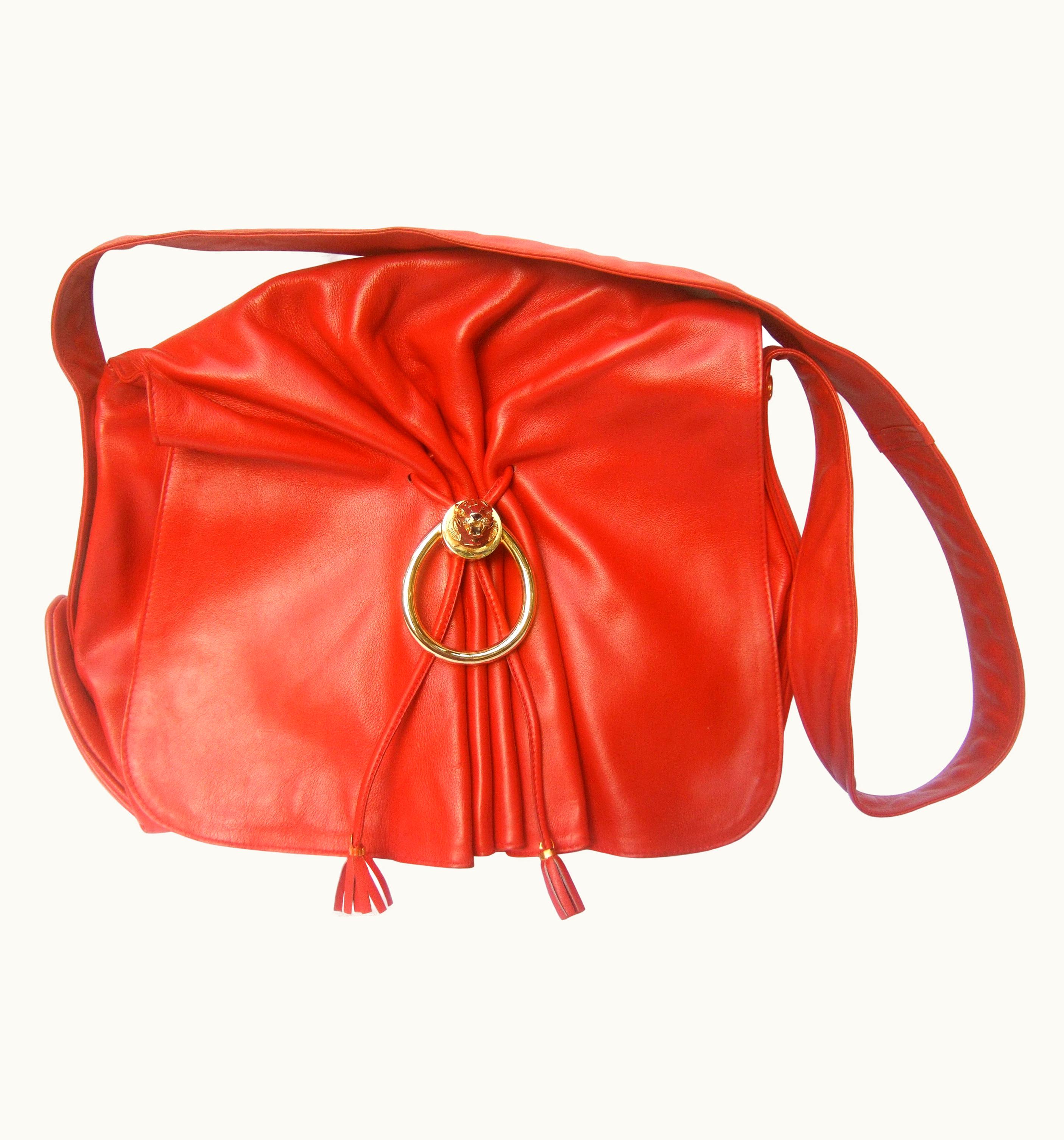 Gucci Italy Rare Red Leather Tiger Emblem Shoulder Bag C 1980s