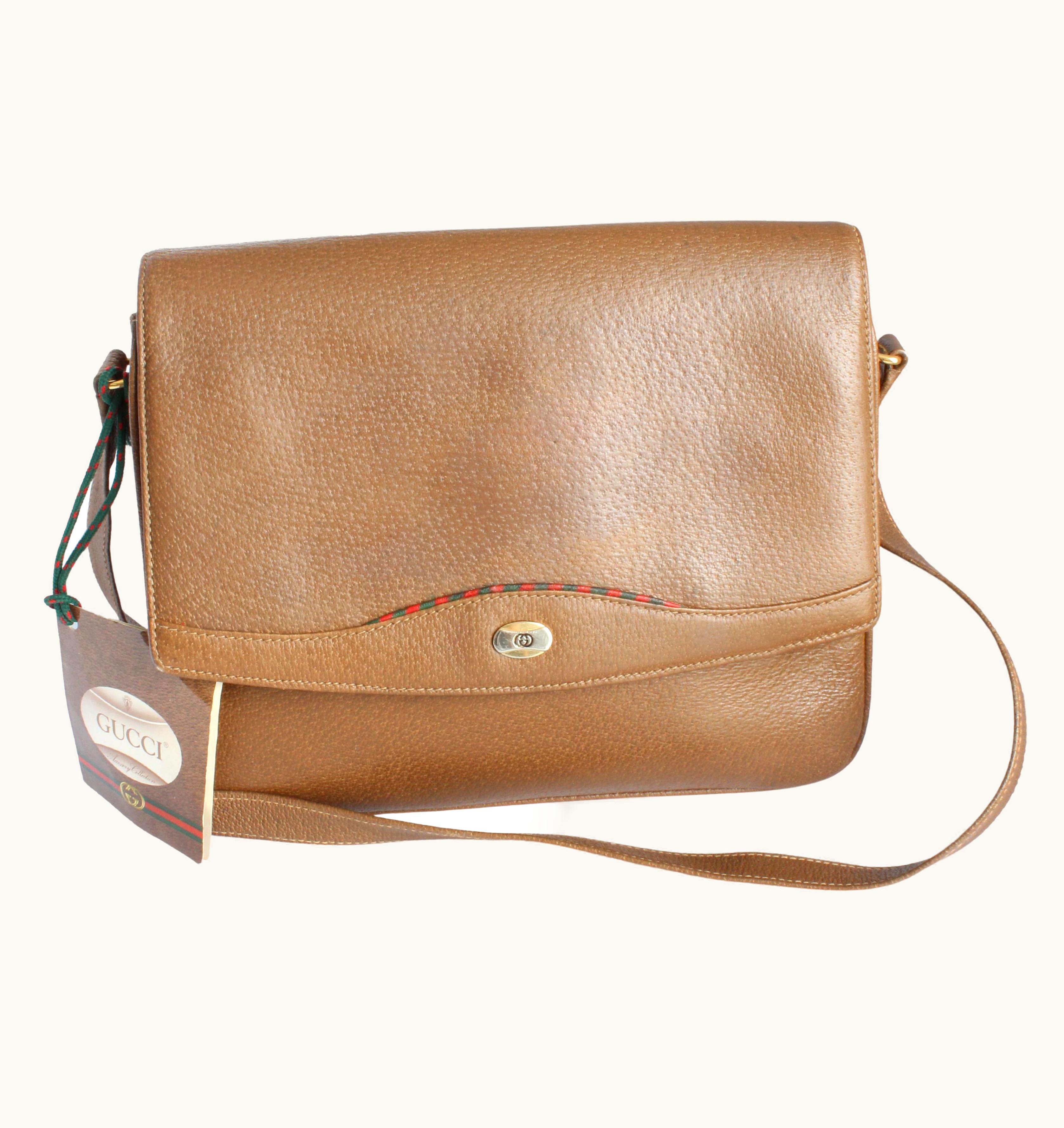 Gucci Messenger Bag Crossbody Brindle Pigskin Leather Web Trim Rare Vintage 80s
