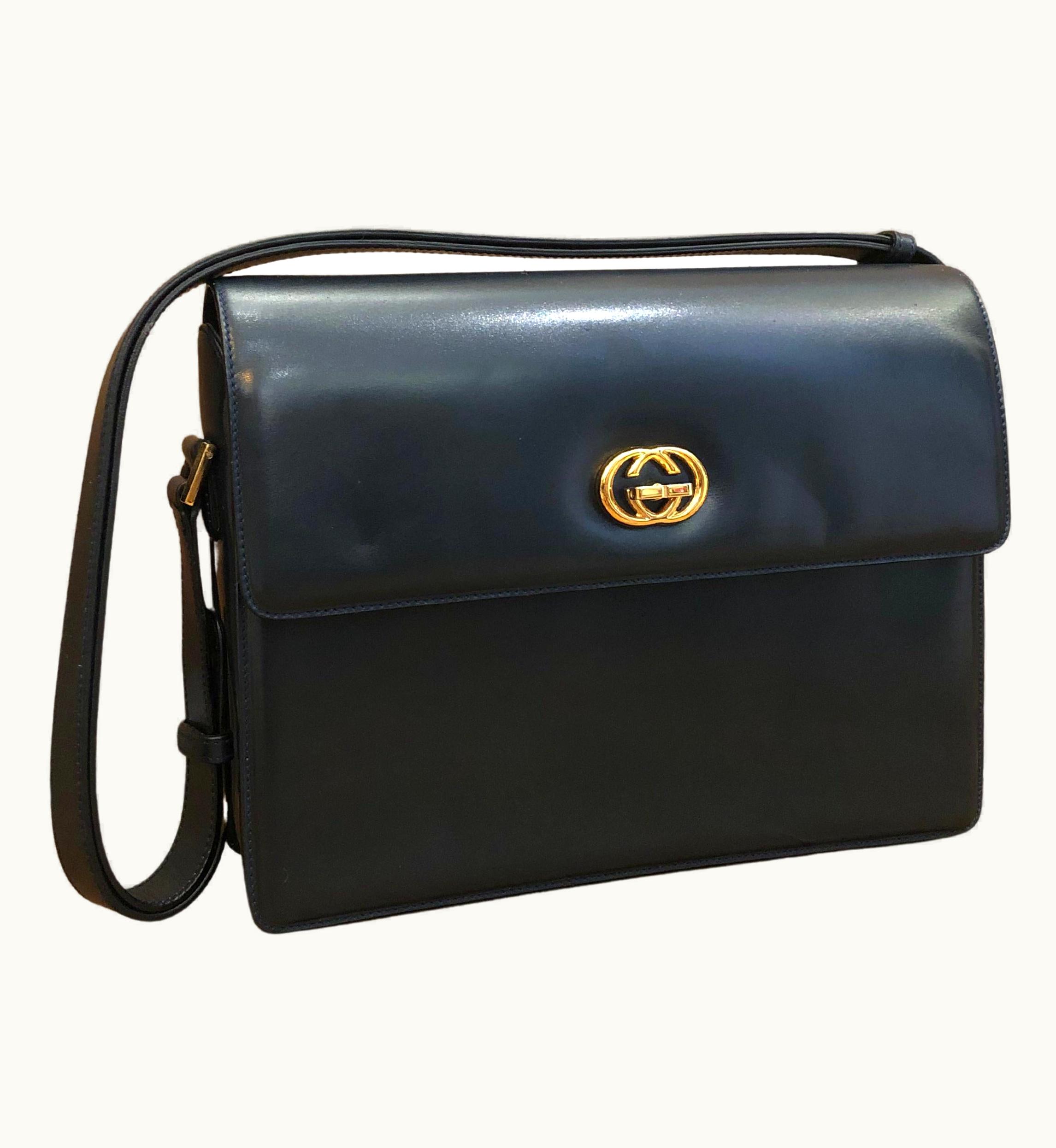 Gucci Vintage Gucci Two-Way Calf Leather Shoulder Crossbody Box Bag Turnlock Navy