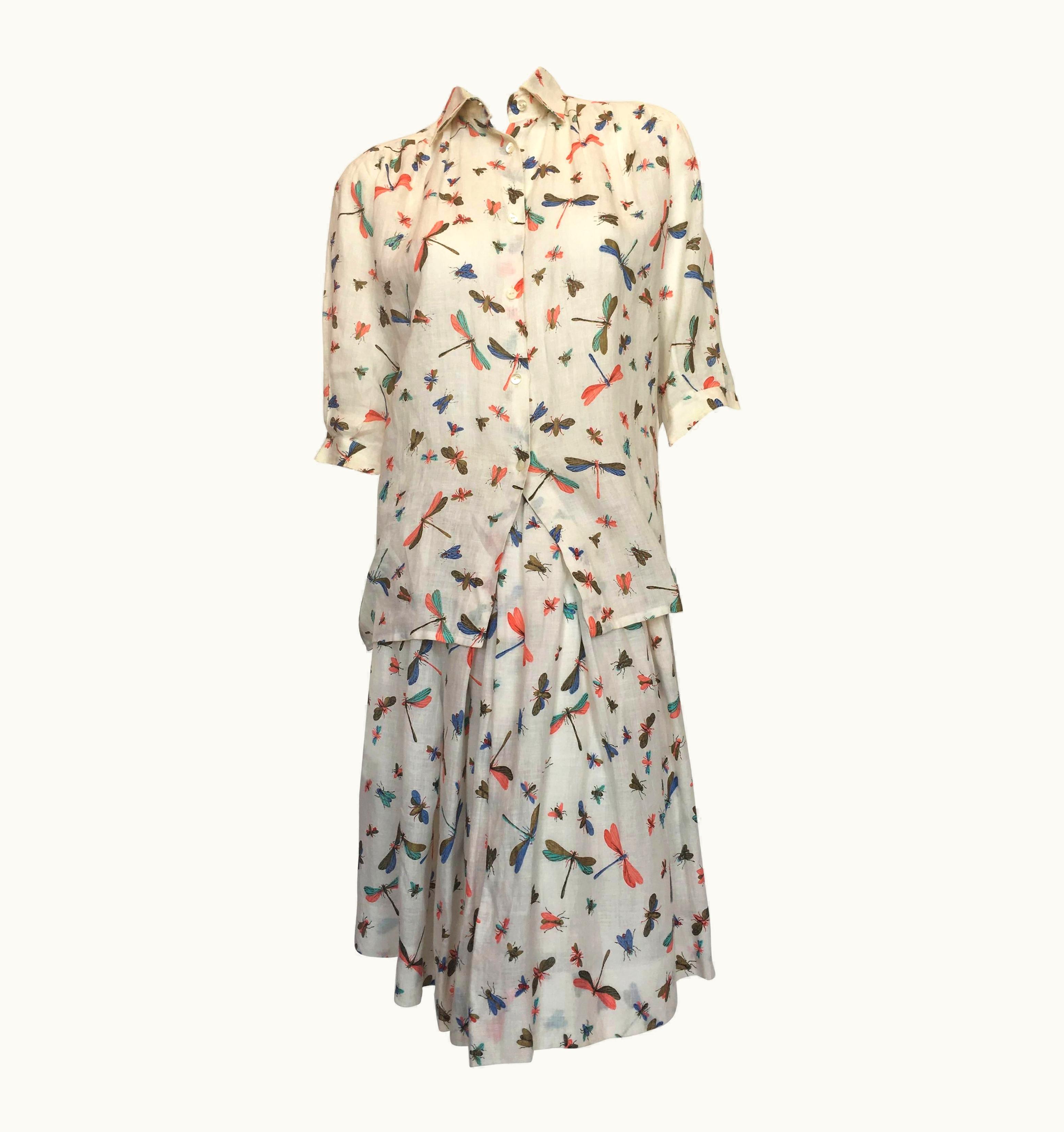 Gucci Linen 2 Piece Dragonfly Print Skirt S/S Skirt Set, 1980s